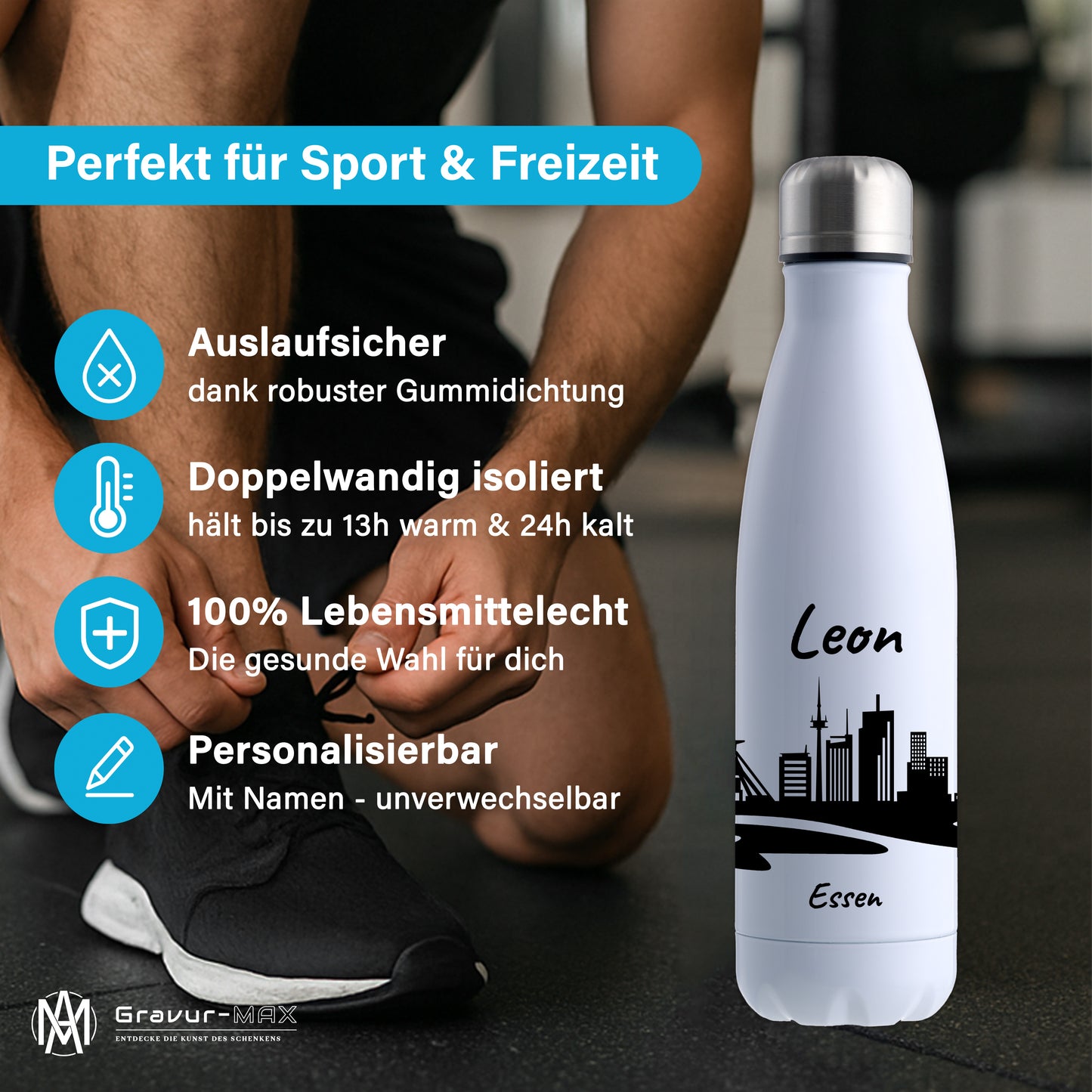 Trinkflasche in Weiß 500ml aus Edelstahl bedruckt mit der Skyline von Essen personalisierbar mit Wunschname