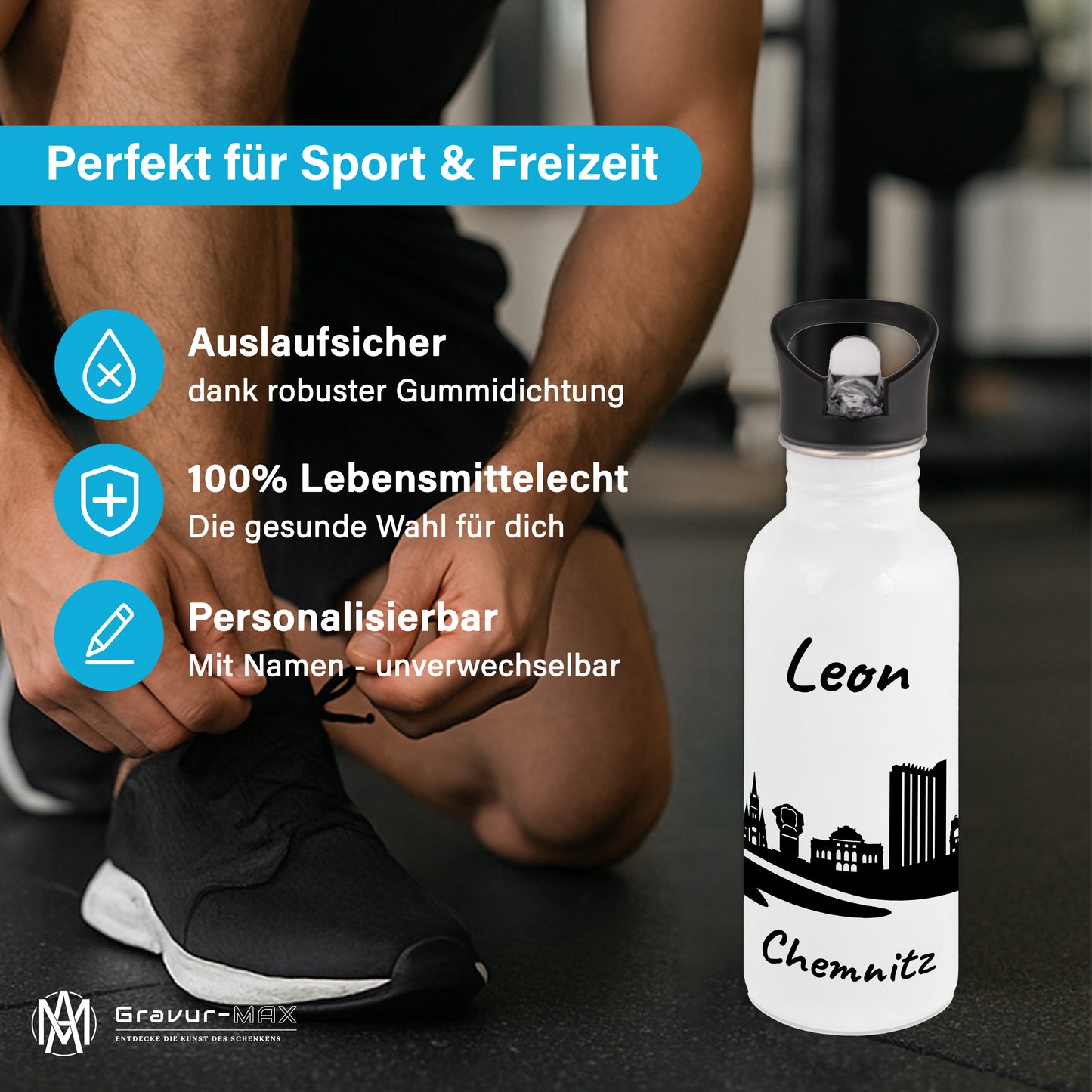 Trinkflasche in Weiß 600ml aus Edelstahl bedruckt mit der Skyline von Chemnitz personalisierbar mit Wunschname