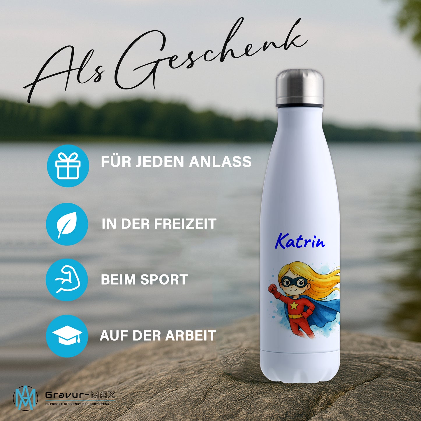 Thermoflasche 500ml in Weiß bedruckt mit tollen Motiven für Kinder "Superheldin" personalisierbar mit Wunschname