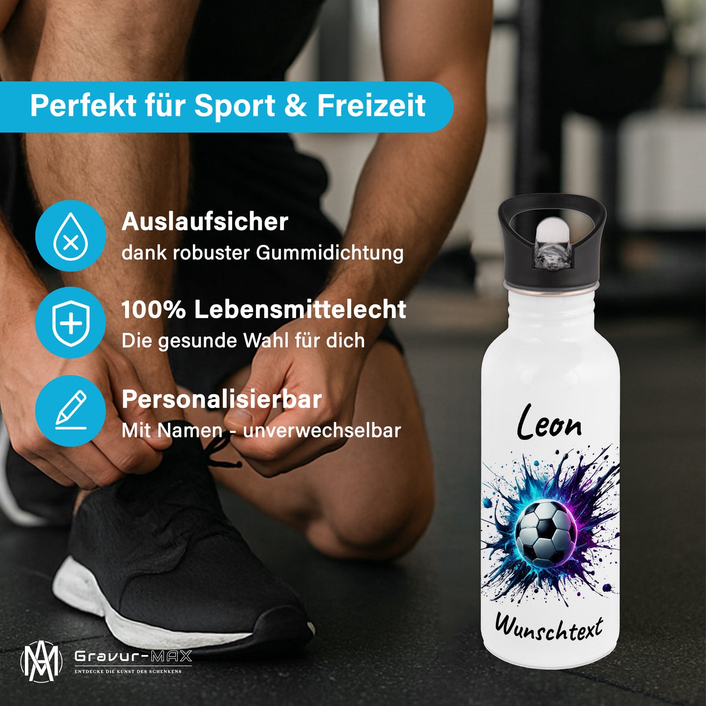Trinkflasche mit Strohhalm in Weiß 600ml bedruckt mit Fußball Motiven"Motiv10" personalisierbar für Kinder mit Wunschname aus Edelstahl