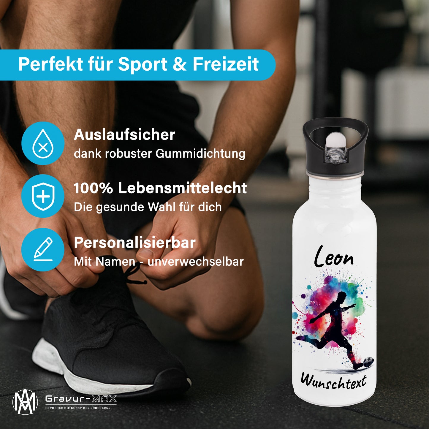 Trinkflasche mit Strohhalm in Weiß 600ml bedruckt mit Fußball Motiven"Motiv4" personalisierbar für Kinder mit Wunschname aus Edelstahl