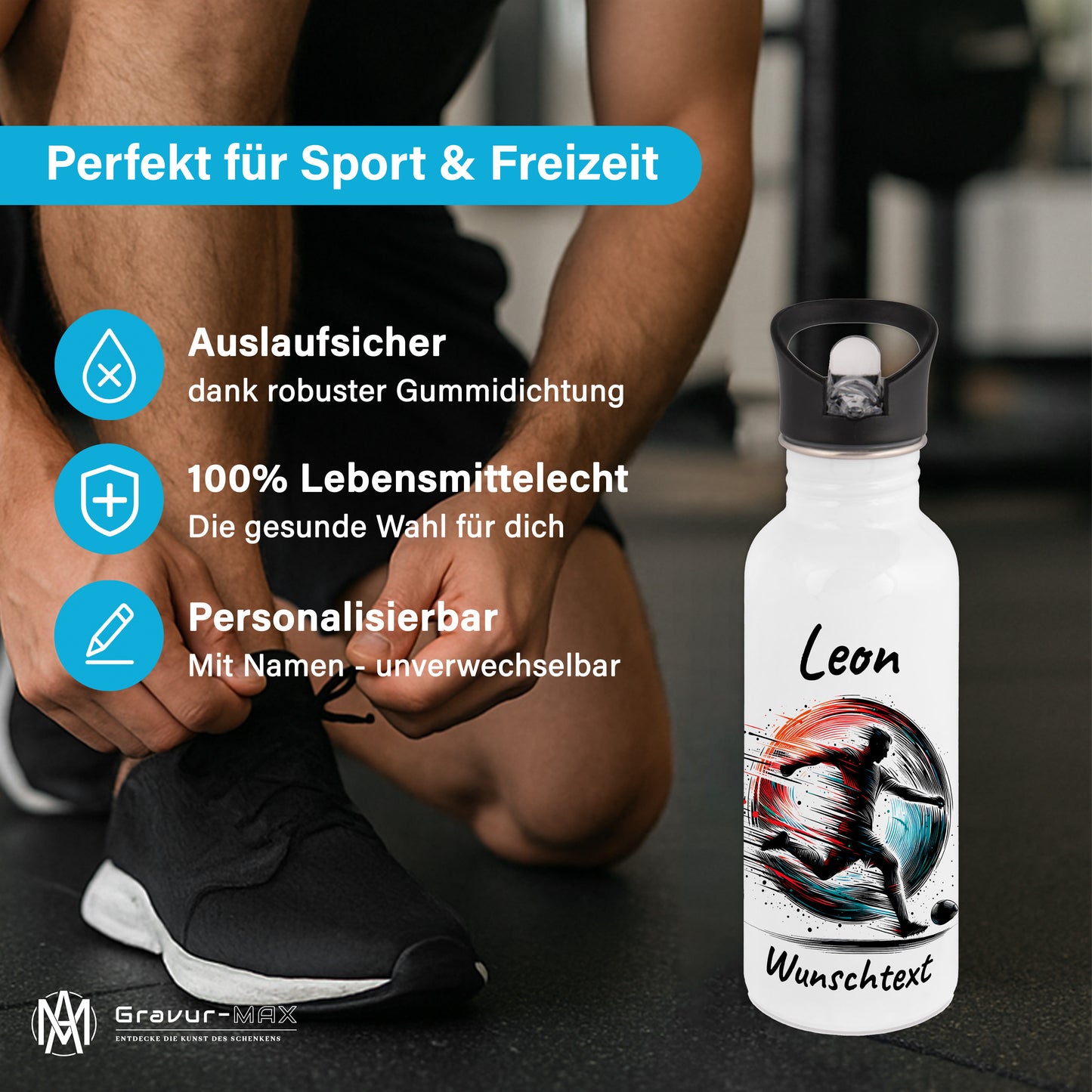 Trinkflasche mit Strohhalm in Weiß 600ml bedruckt mit Fußball Motiven"Motiv3" personalisierbar für Kinder mit Wunschname aus Edelstahl