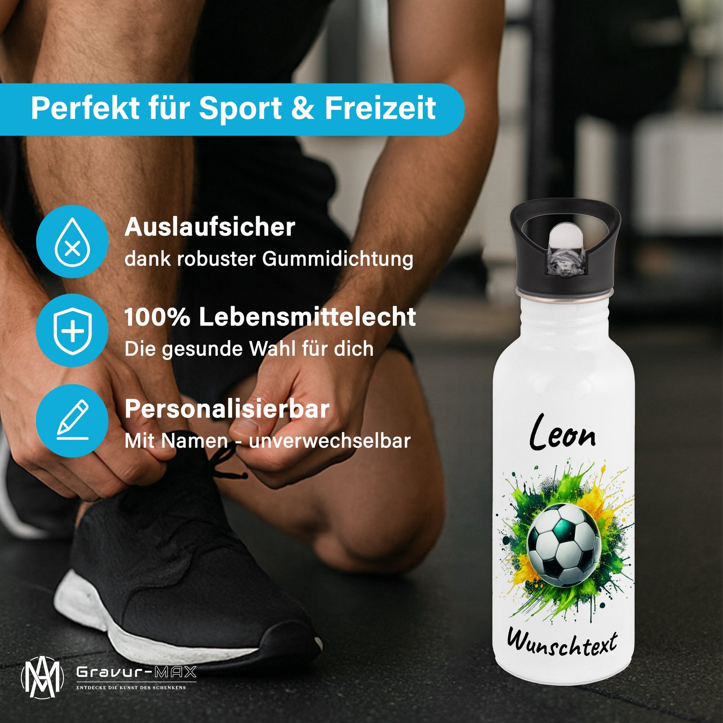Trinkflasche mit Strohhalm in Weiß 600ml bedruckt mit Fußball Motiven"Motiv11" personalisierbar für Kinder mit Wunschname aus Edelstahl