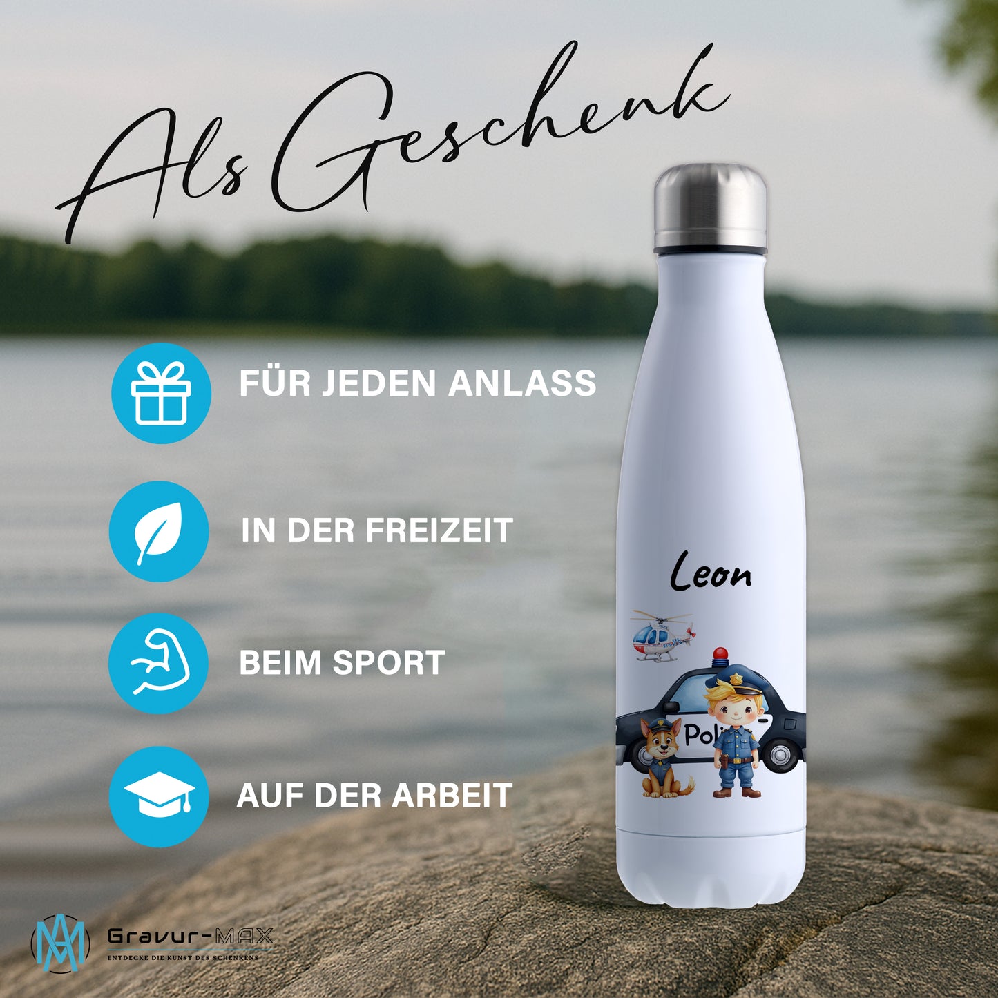 Thermoflasche 500ml in Weiß bedruckt mit tollen Motiven für Kinder "Polizei" personalisierbar mit Wunschname