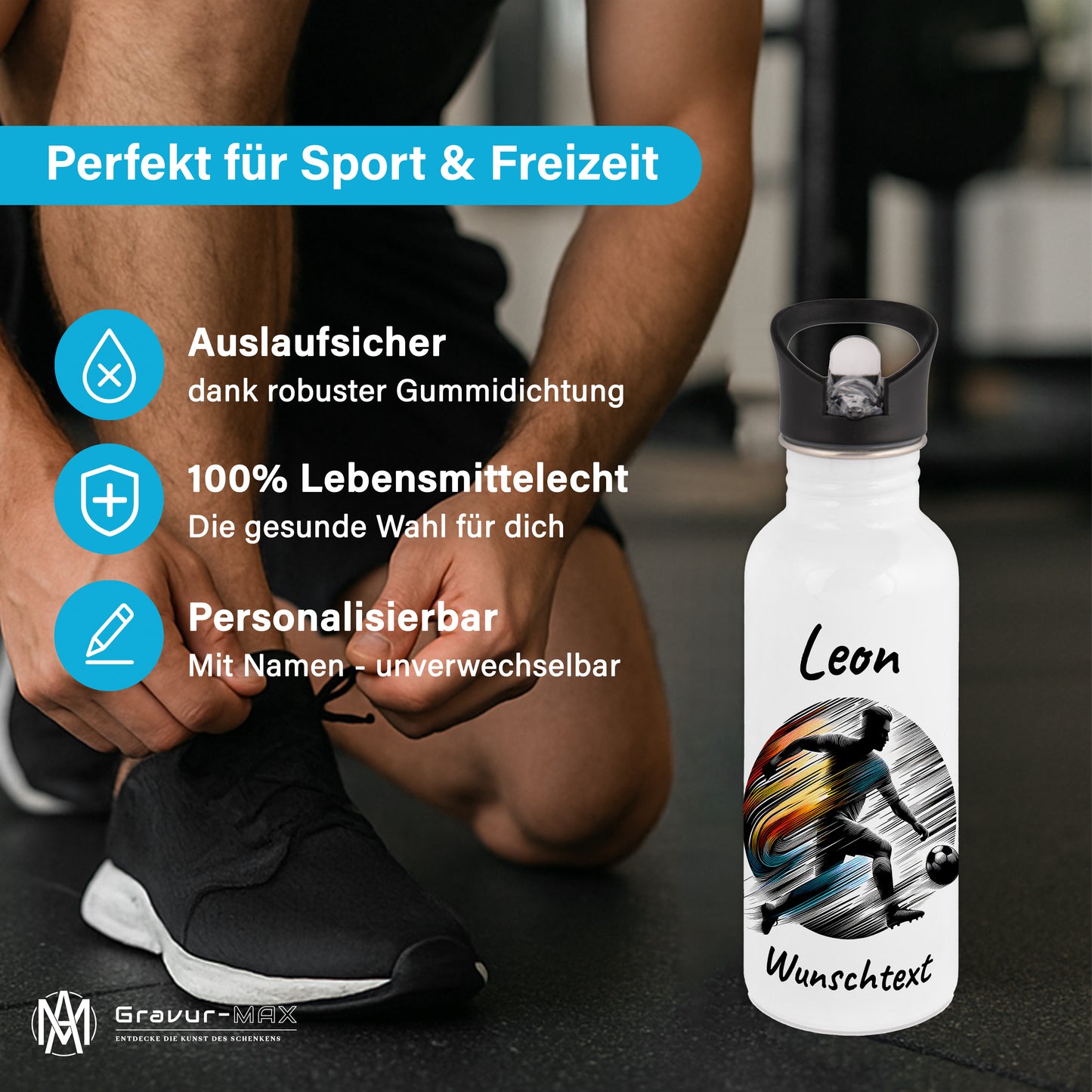 Trinkflasche mit Strohhalm in Weiß 600ml bedruckt mit Fußball Motiven"Motiv2" personalisierbar für Kinder mit Wunschname aus Edelstahl
