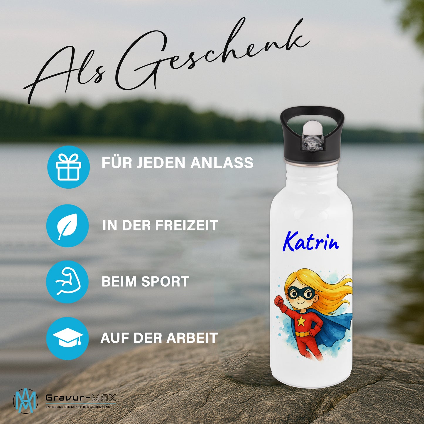Trinkflasche mit Strohhalm in Weiß 600ml bedruckt mit tollen Motiven für Kinder "Superheldin" personalisierbar für Kinder mit Wunschname aus Edelstahl