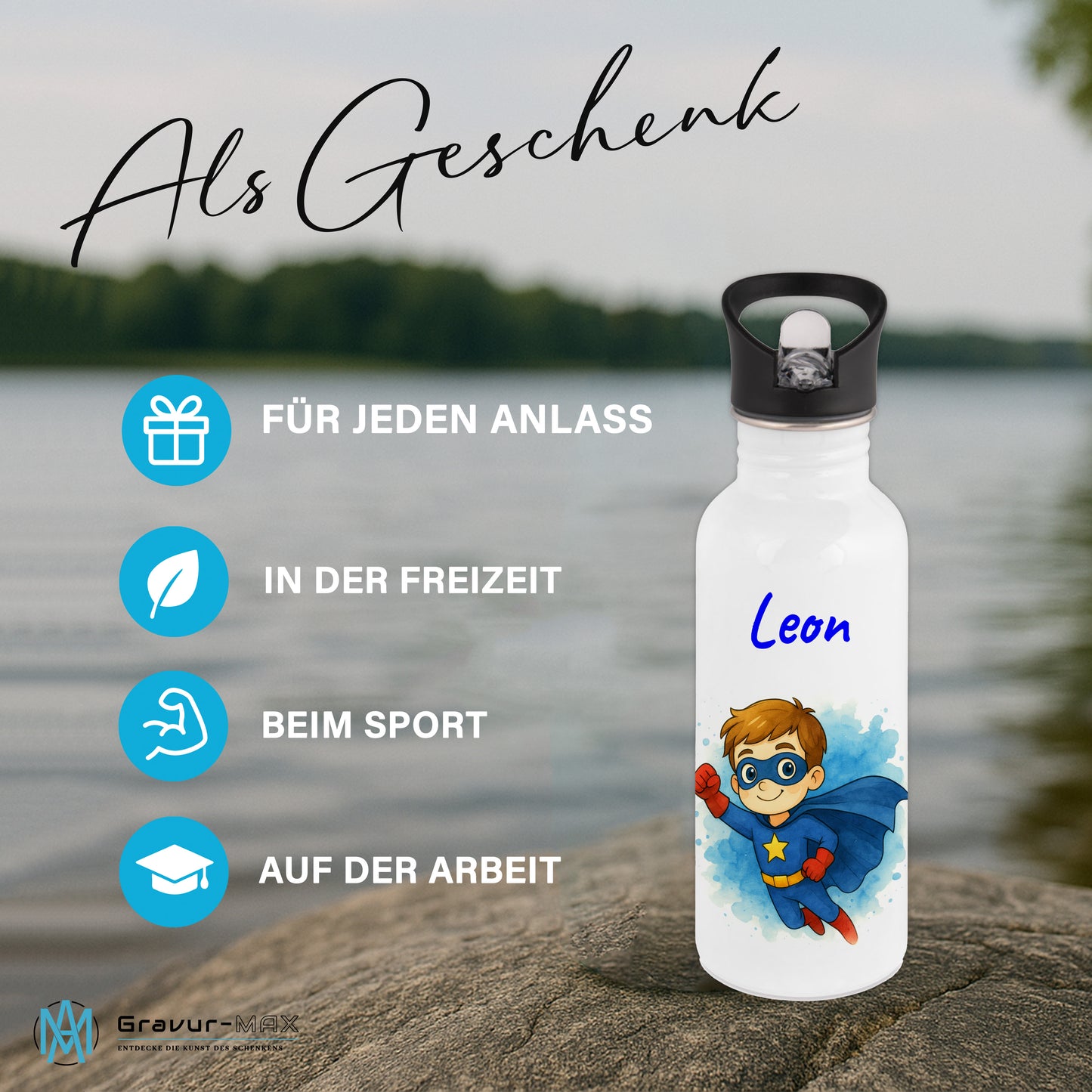 Trinkflasche mit Strohhalm in Weiß 600ml bedruckt mit tollen Motiven für Kinder "Superheld" personalisierbar für Kinder mit Wunschname aus Edelstahl