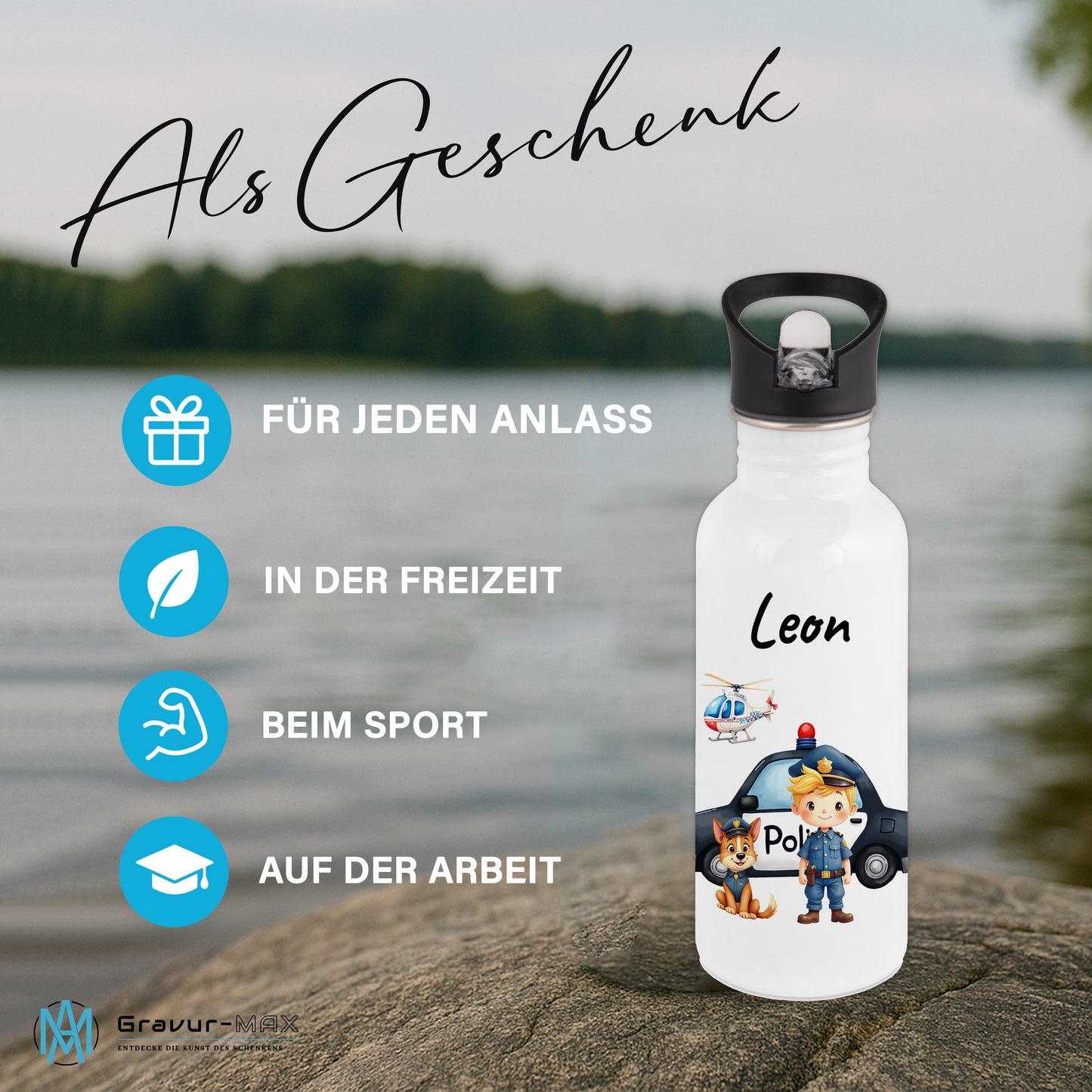 Trinkflasche mit Strohhalm in Weiß 600ml bedruckt mit tollen Motiven für Kinder "Polizei" personalisierbar für Kinder mit Wunschname aus Edelstahl
