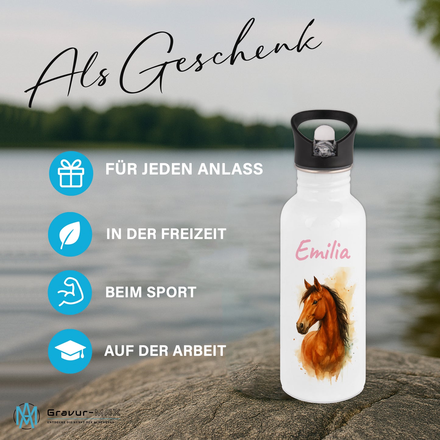 Trinkflasche mit Strohhalm in Weiß 600ml bedruckt mit tollen Motiven für Kinder "Pferd" personalisierbar für Kinder mit Wunschname aus Edelstahl