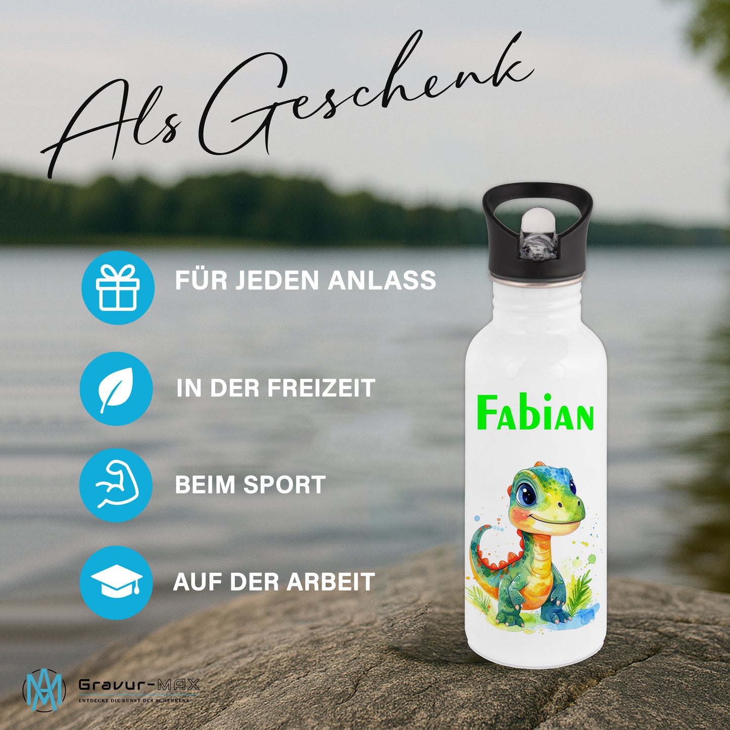 Trinkflasche mit Strohhalm in Weiß 600ml bedruckt mit tollen Motiven für Kinder "Dino Kinder" personalisierbar für Kinder mit Wunschname aus Edelstahl
