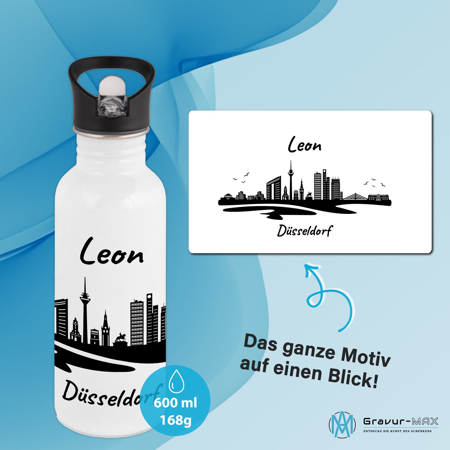 Trinkflasche in Weiß 600ml aus Edelstahl bedruckt mit der Skyline von Düsseldorf personalisierbar mit Wunschname