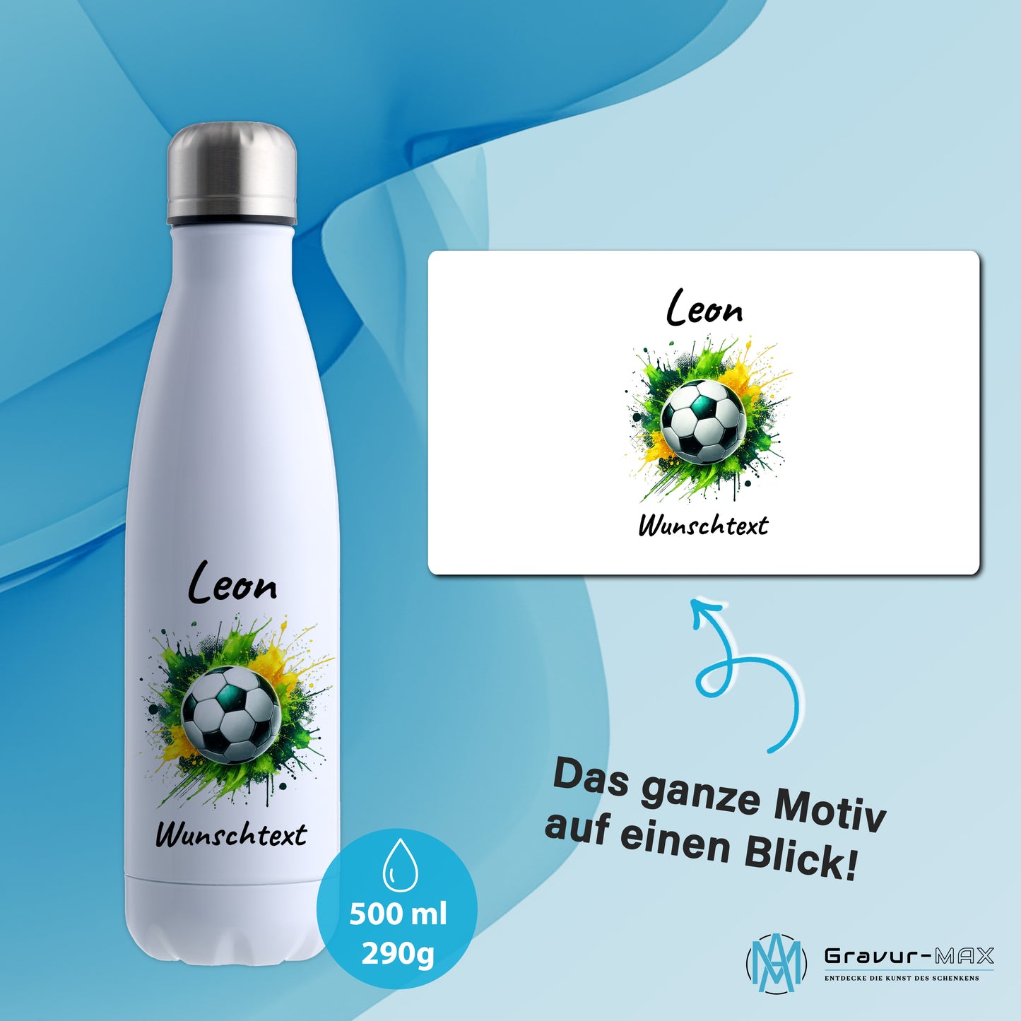 Thermoflasche 500ml in Weiß aus Edelstahl bedruckt "Fußball" Motiv11 personalisierbar mit Wunschname & Text