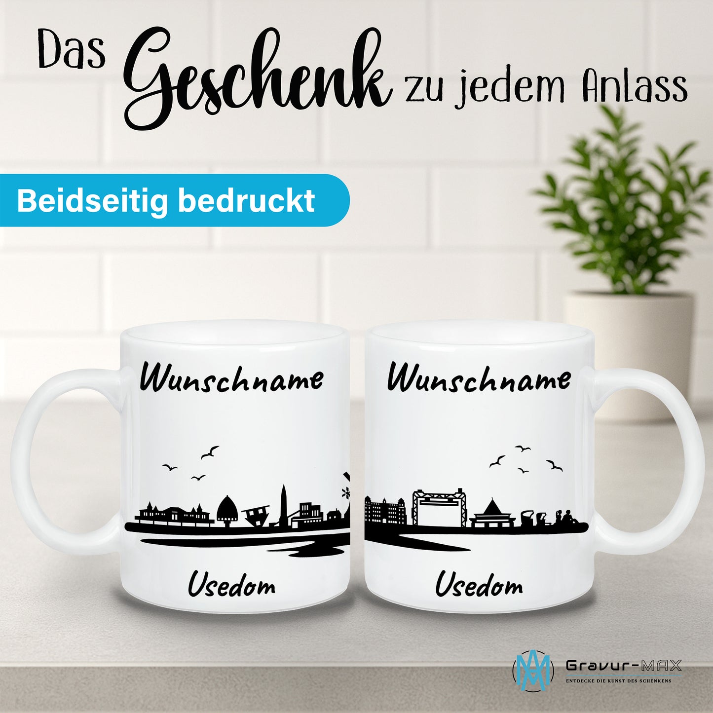 Tasse in Weiß 330ml bedruckt mit der Skyline von Usedom personalisierbar mit Wunschname