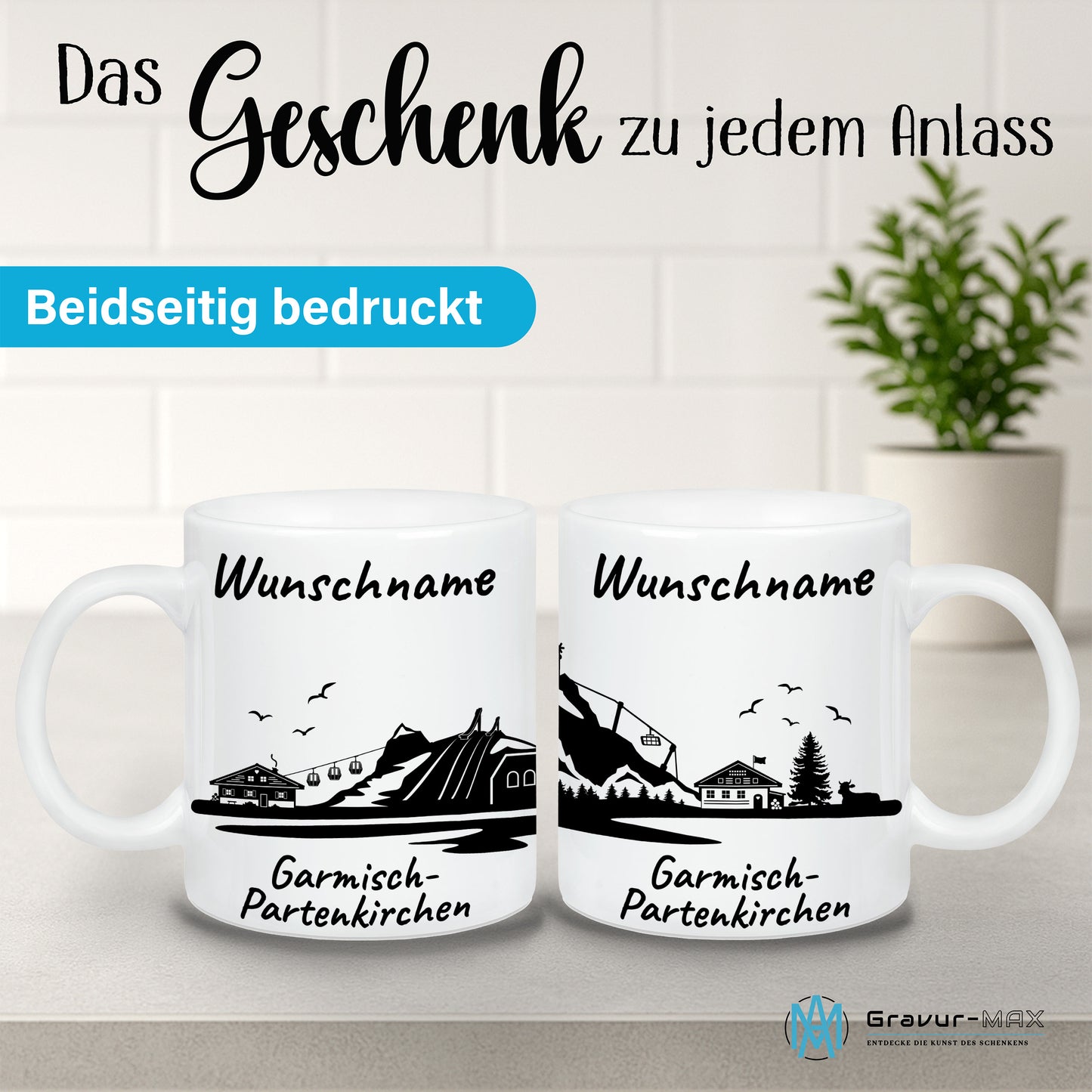 Tasse in Weiß 330ml bedruckt mit der Skyline von Garmisch-Partenkirchen personalisierbar mit Wunschname