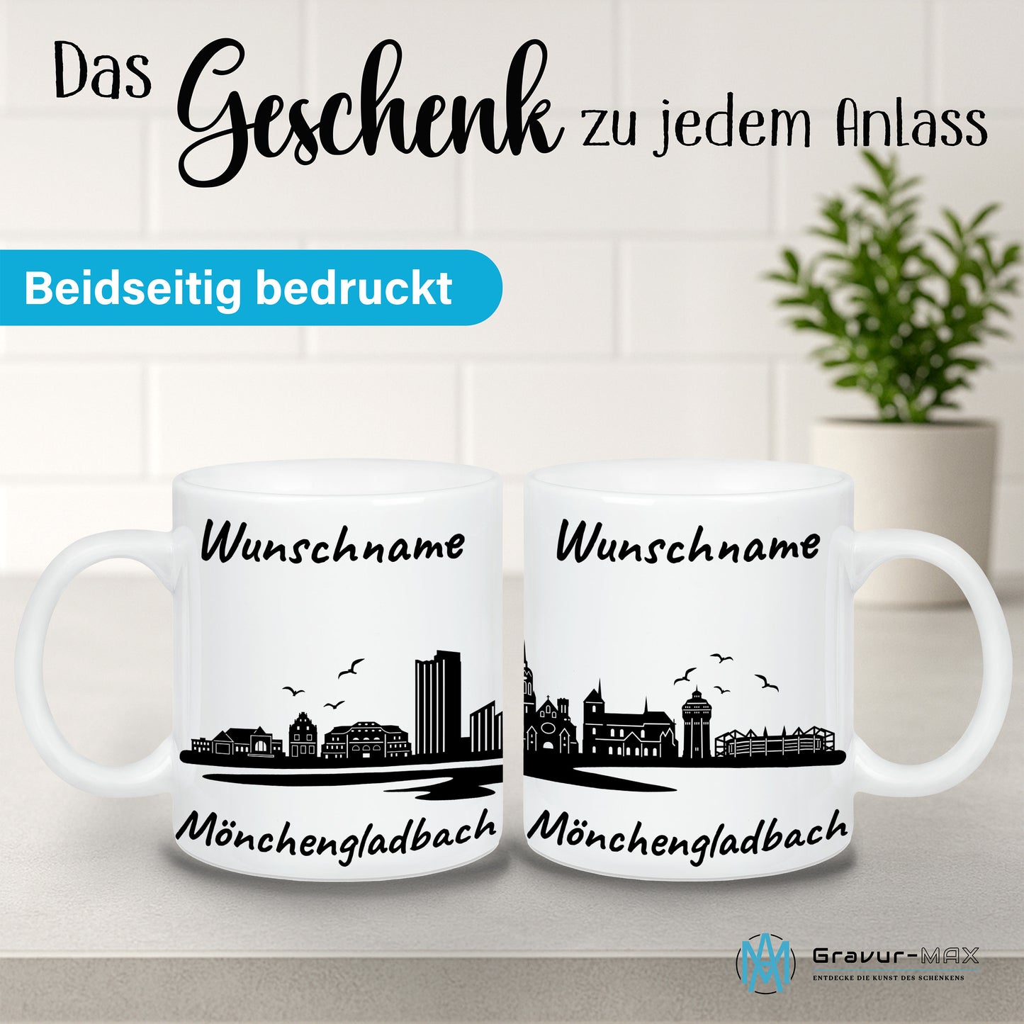 Tasse in Weiß 330ml bedruckt mit der Skyline von Mönchengladbach personalisierbar mit Wunschname
