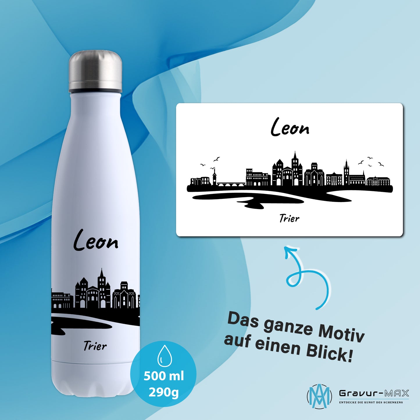 Trinkflasche in Weiß 500ml aus Edelstahl bedruckt mit der Skyline von Trier personalisierbar mit Wunschname