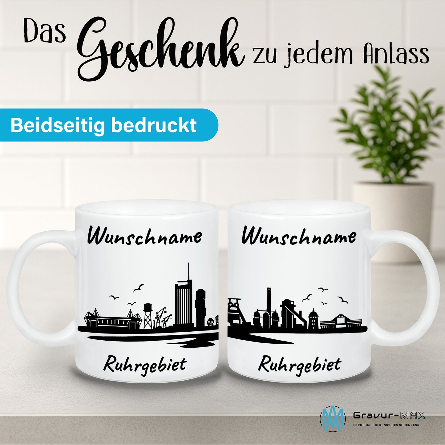 Tasse in Weiß 330ml bedruckt mit der Skyline von Ruhrgebiet personalisierbar mit Wunschname