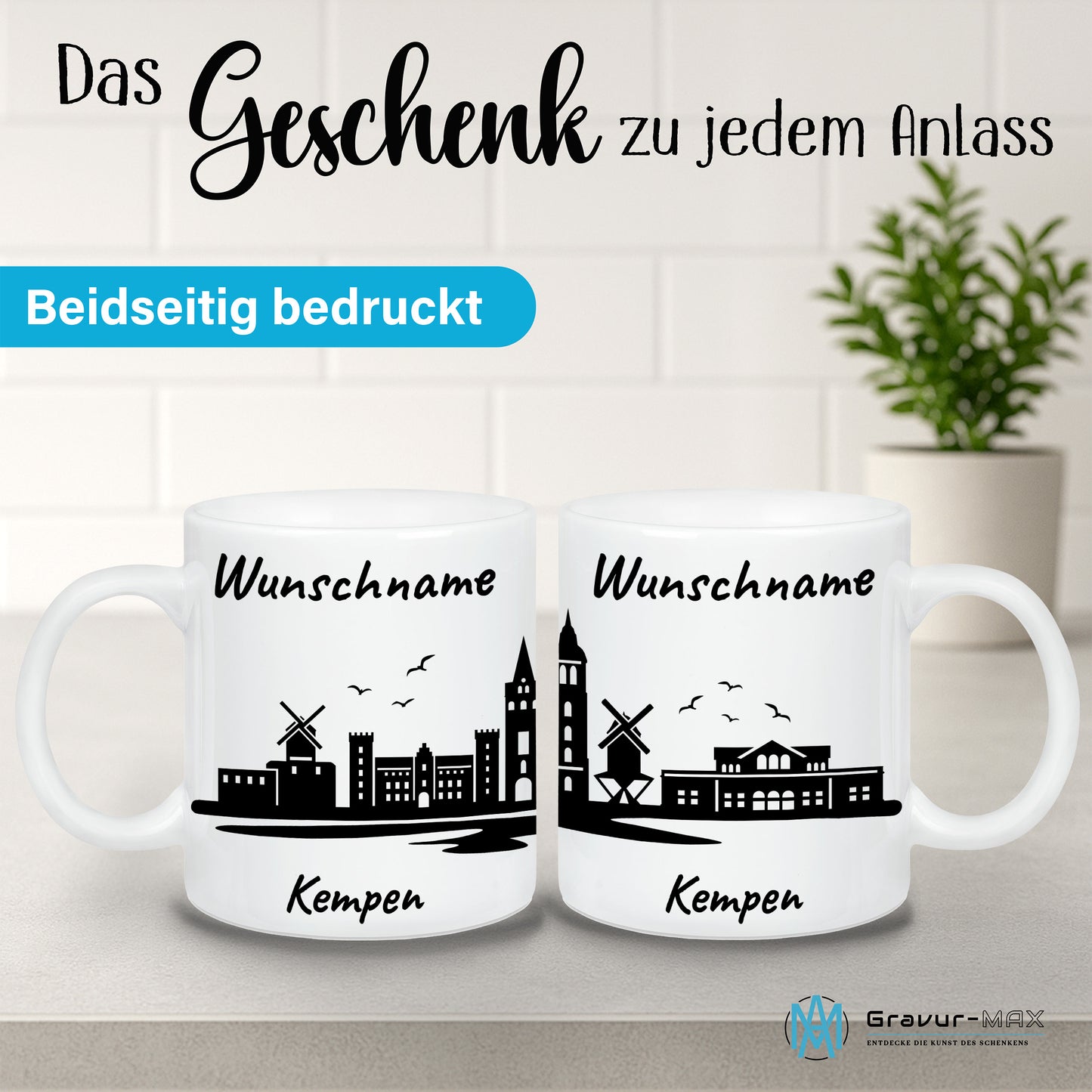 Tasse in Weiß 330ml bedruckt mit der Skyline von Kempen personalisierbar mit Wunschname