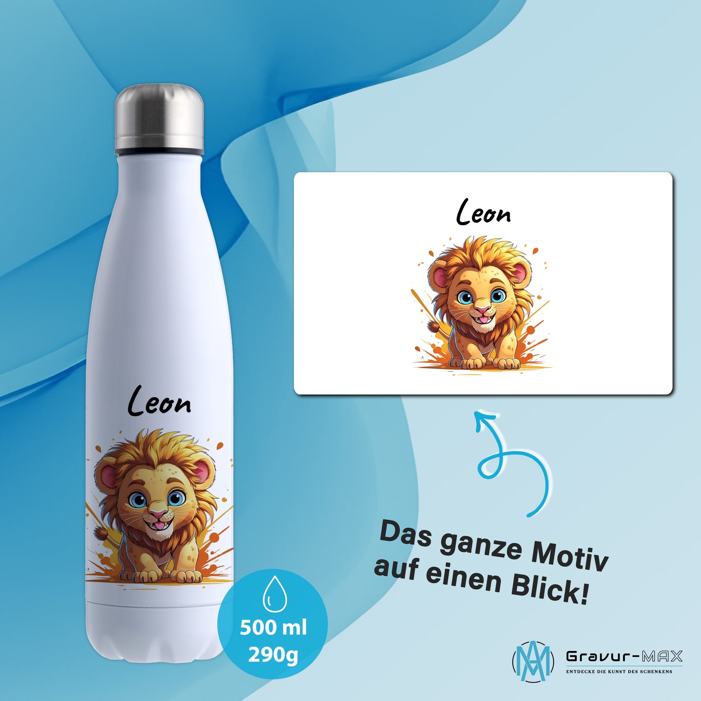 Trinkflasche in Weiß 500ml aus Edelstahl bedruckt mit niedlichen Tieren "Löwe" personalisierbar für Kinder mit Wunschname