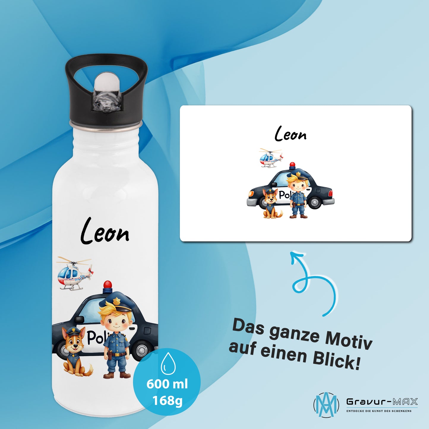 Trinkflasche mit Strohhalm in Weiß 600ml bedruckt mit tollen Motiven für Kinder "Polizei" personalisierbar für Kinder mit Wunschname aus Edelstahl