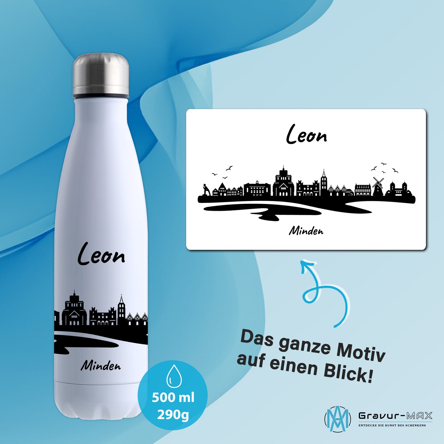 Trinkflasche in Weiß 500ml aus Edelstahl bedruckt mit der Skyline von Minden personalisierbar mit Wunschname