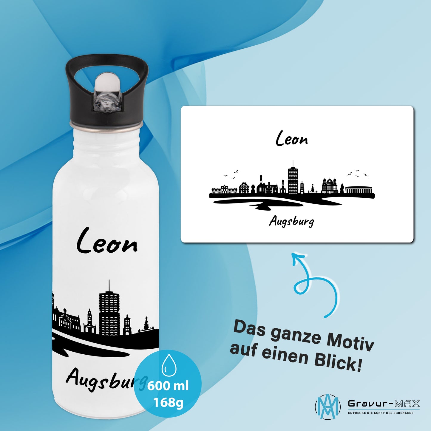 Trinkflasche in Weiß 600ml aus Edelstahl bedruckt mit der Skyline von Augsburg personalisierbar mit Wunschname