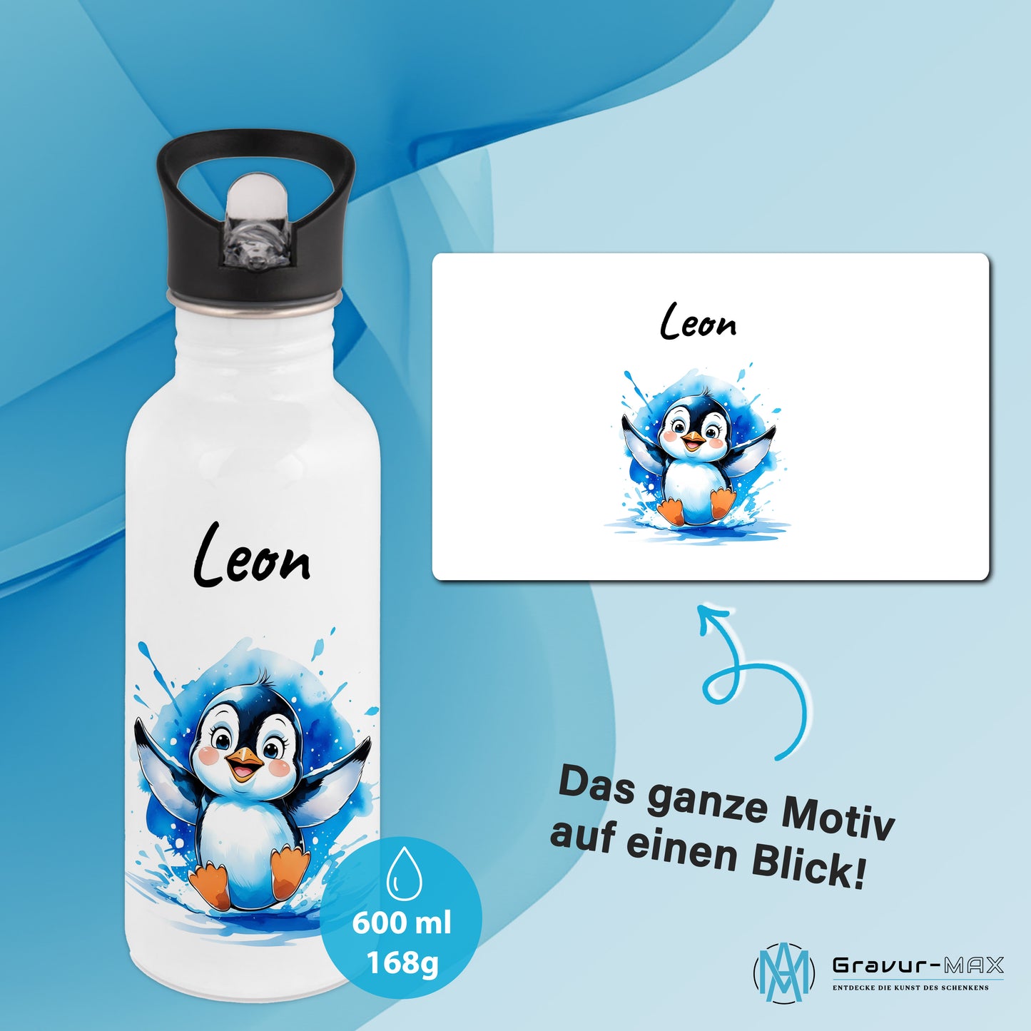 Trinkflasche mit Strohhalm in Weiß 600ml bedruckt mit niedlichen Tieren"Pinguin" personalisierbar für Kinder mit Wunschname aus Edelstahl