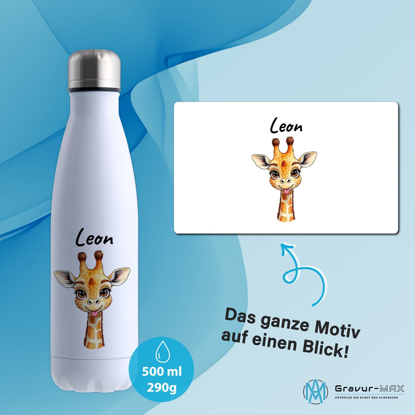 Trinkflasche in Weiß 500ml aus Edelstahl bedruckt mit niedlichen Tieren "Giraffe" personalisierbar für Kinder mit Wunschname