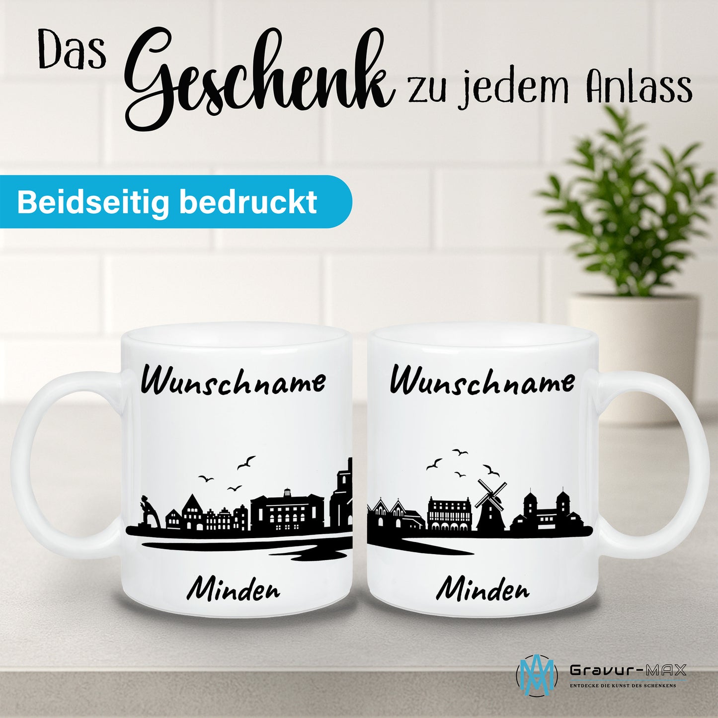 Tasse in Weiß 330ml bedruckt mit der Skyline von Minden personalisierbar mit Wunschname
