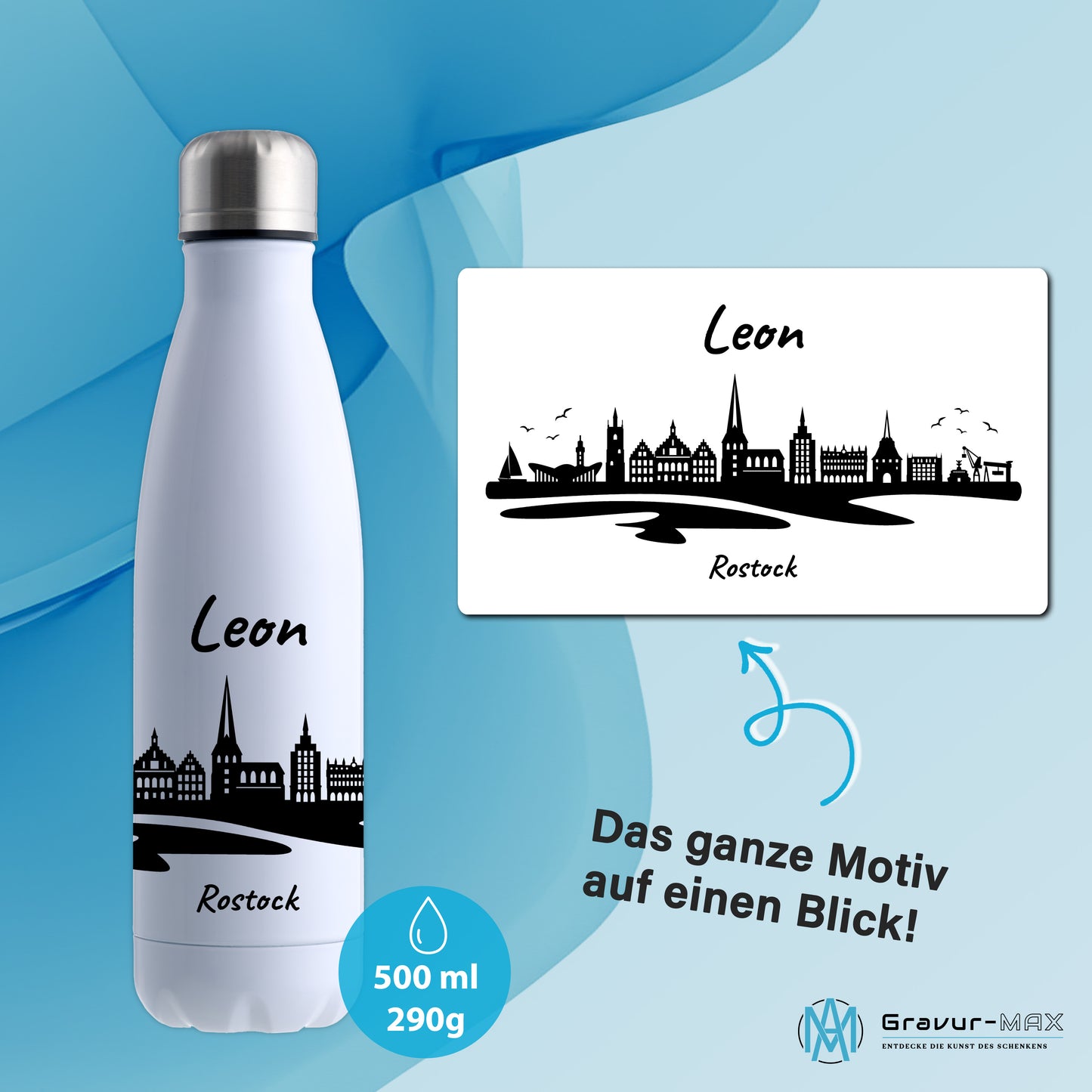 Trinkflasche in Weiß 500ml aus Edelstahl bedruckt mit der Skyline von Rostock personalisierbar mit Wunschname