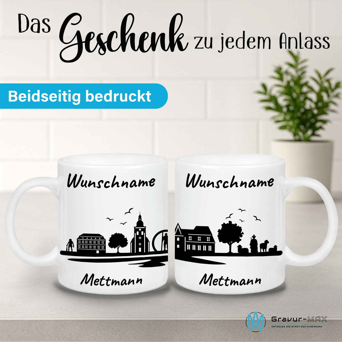 Tasse in Weiß 330ml bedruckt mit der Skyline von Mettmann personalisierbar mit Wunschname
