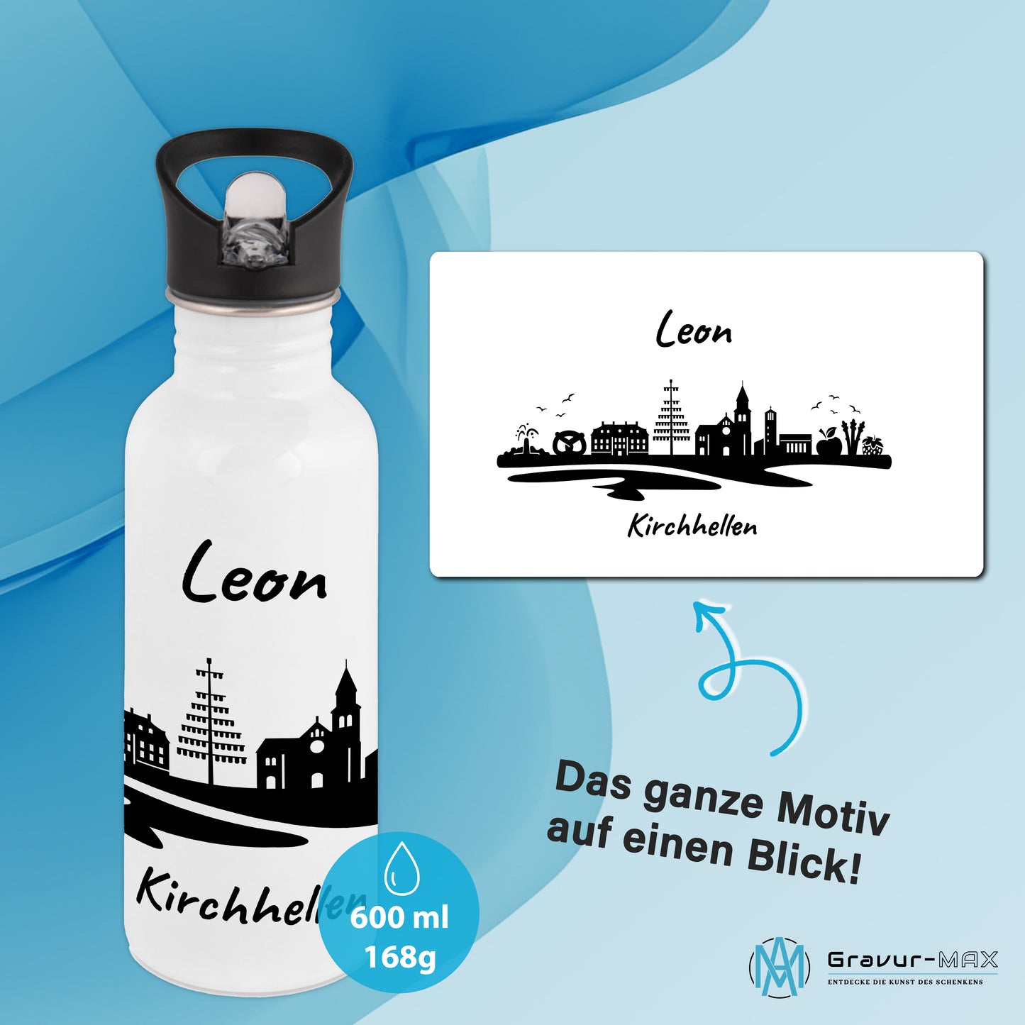 Trinkflasche in Weiß 600ml aus Edelstahl bedruckt mit der Skyline von Kirchhellen personalisierbar mit Wunschname