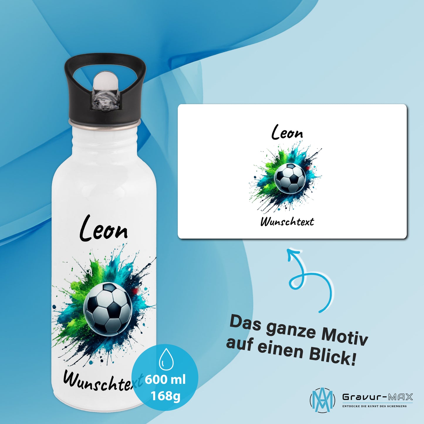 Trinkflasche mit Strohhalm in Weiß 600ml bedruckt mit Fußball Motiven"Motiv8" personalisierbar für Kinder mit Wunschname aus Edelstahl