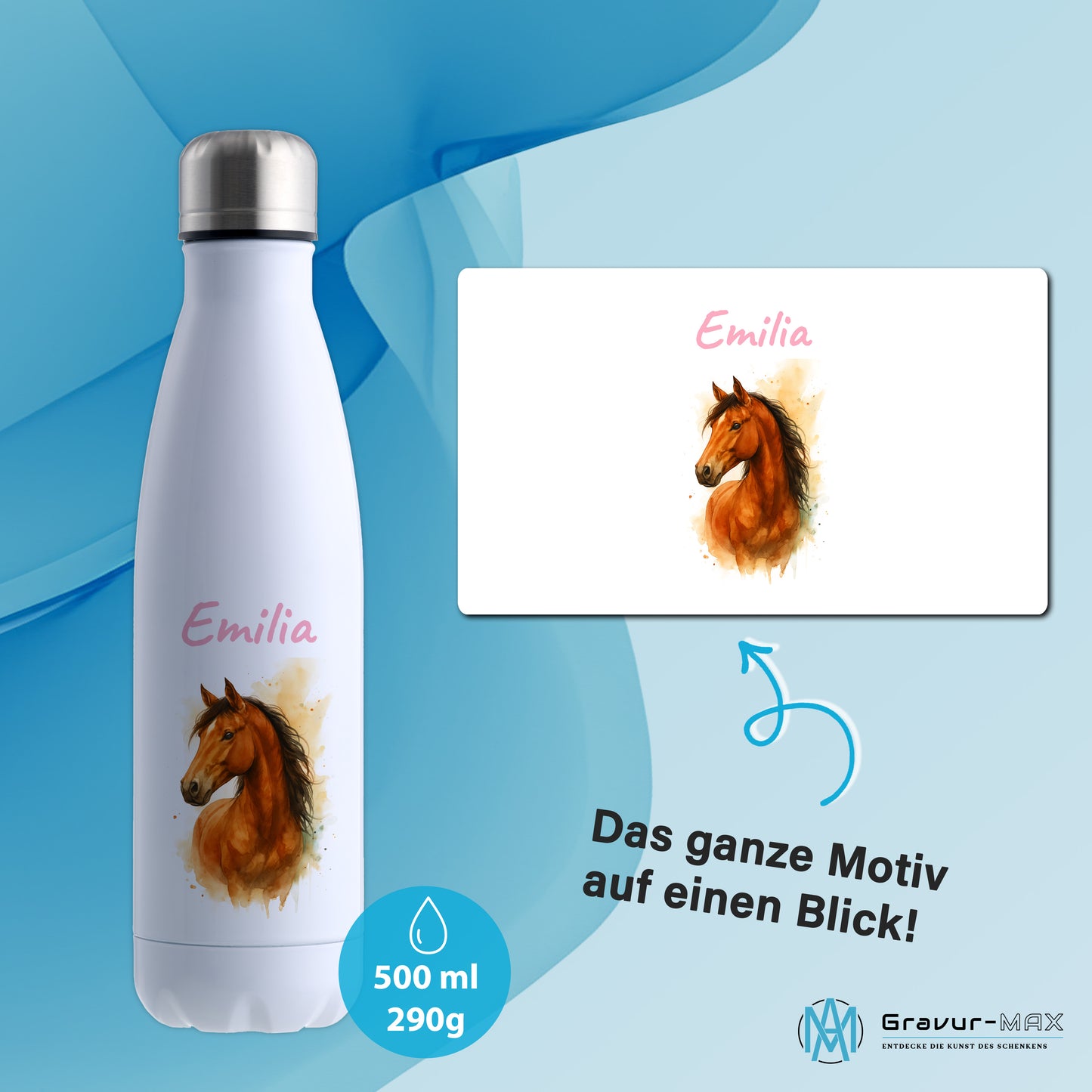 Thermoflasche 500ml in Weiß bedruckt mit tollen Motiven für Kinder "Pferd" personalisierbar mit Wunschname