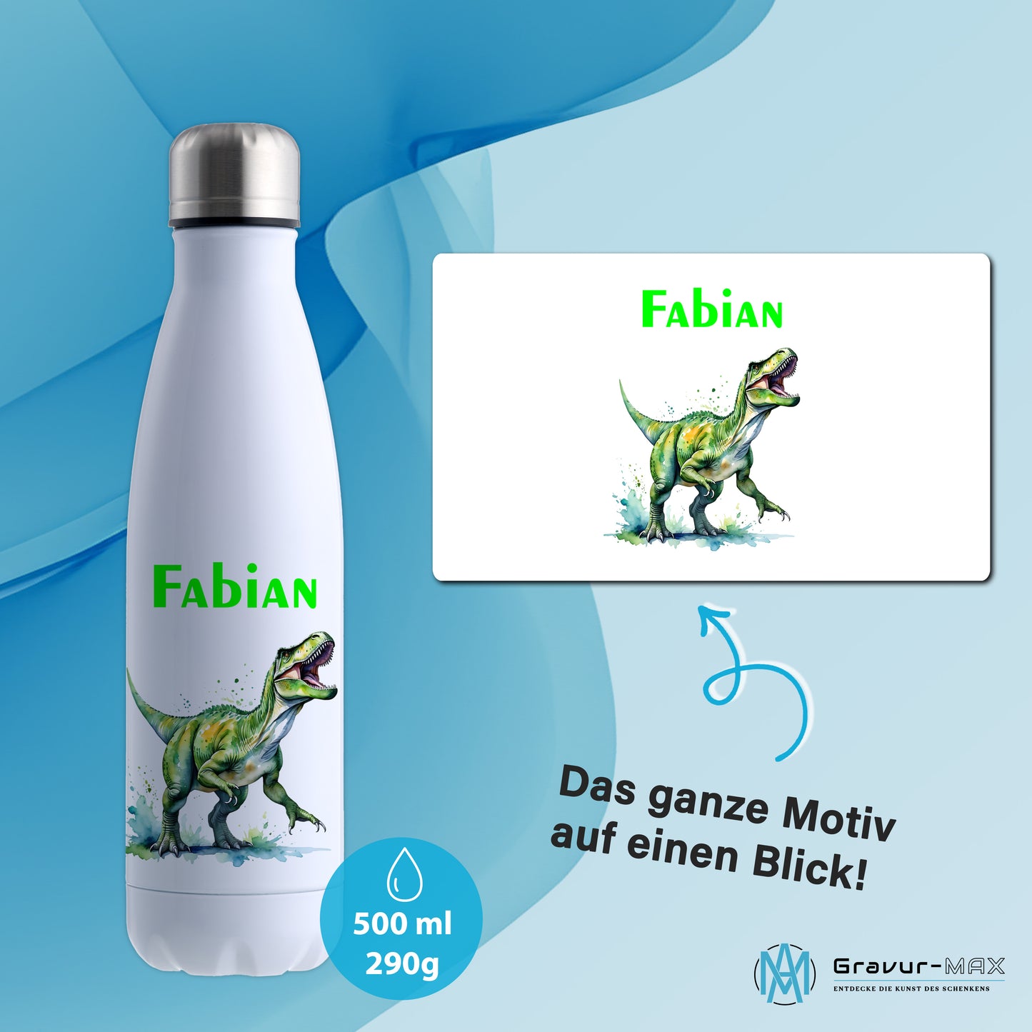 Thermoflasche 500ml in Weiß bedruckt mit tollen Motiven für Kinder "Dino T-Rex" personalisierbar mit Wunschname