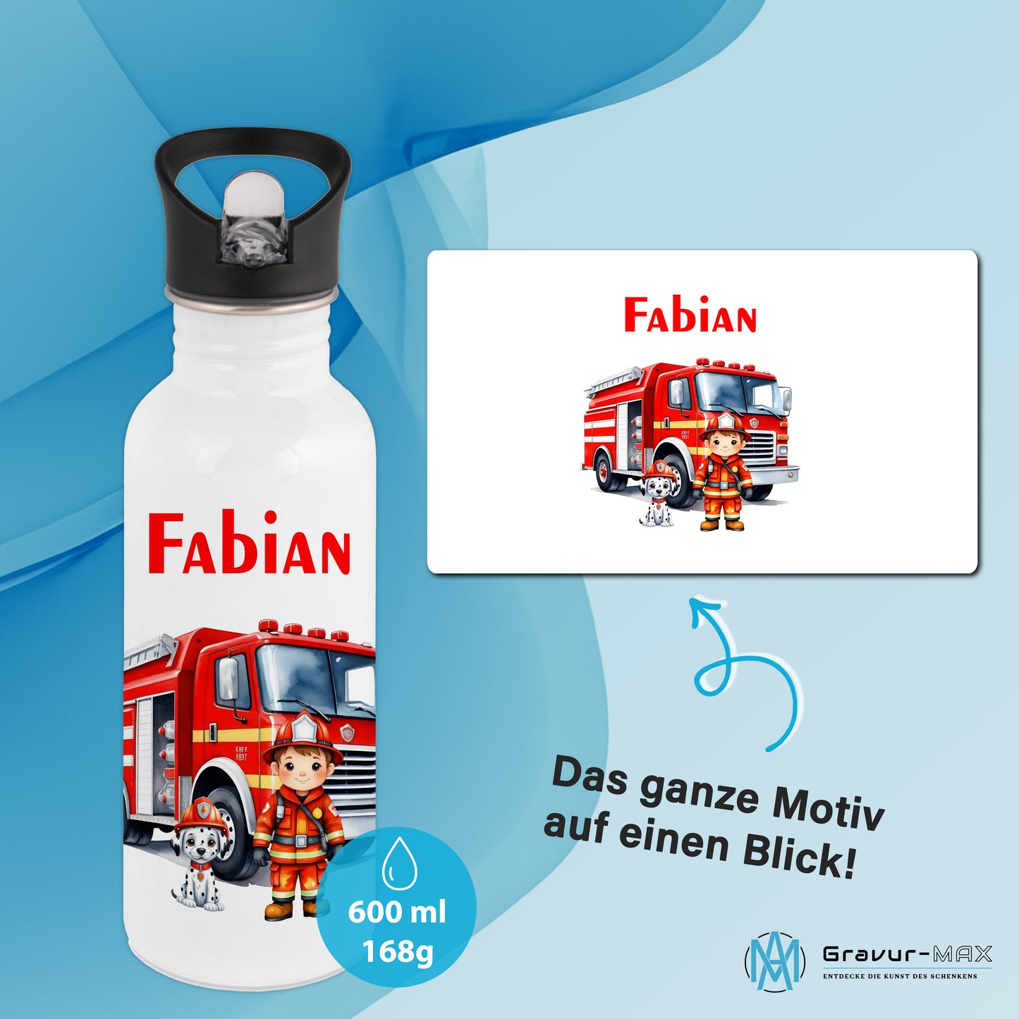 Trinkflasche mit Strohhalm in Weiß 600ml bedruckt mit tollen Motiven für Kinder "Feuerwehr" personalisierbar für Kinder mit Wunschname aus Edelstahl