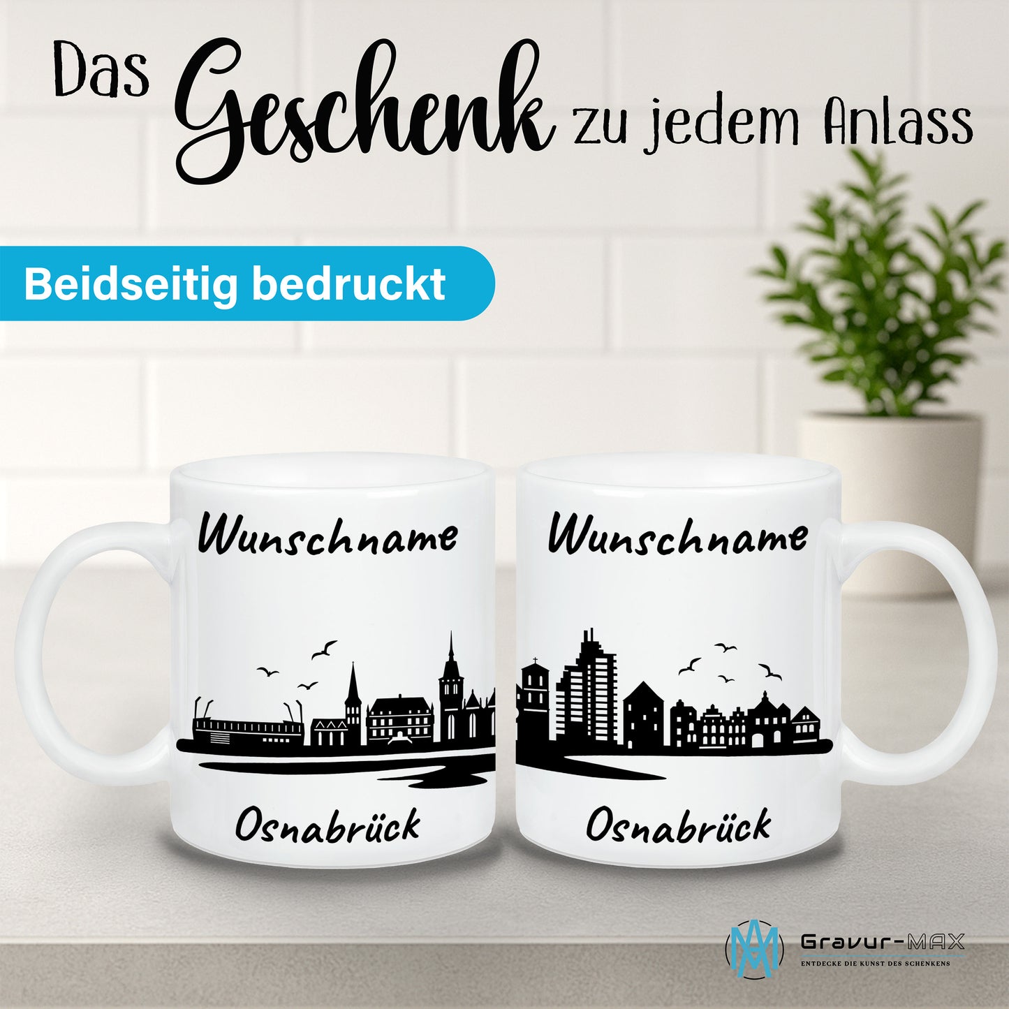 Tasse in Weiß 330ml bedruckt mit der Skyline von Osnabrück personalisierbar mit Wunschname