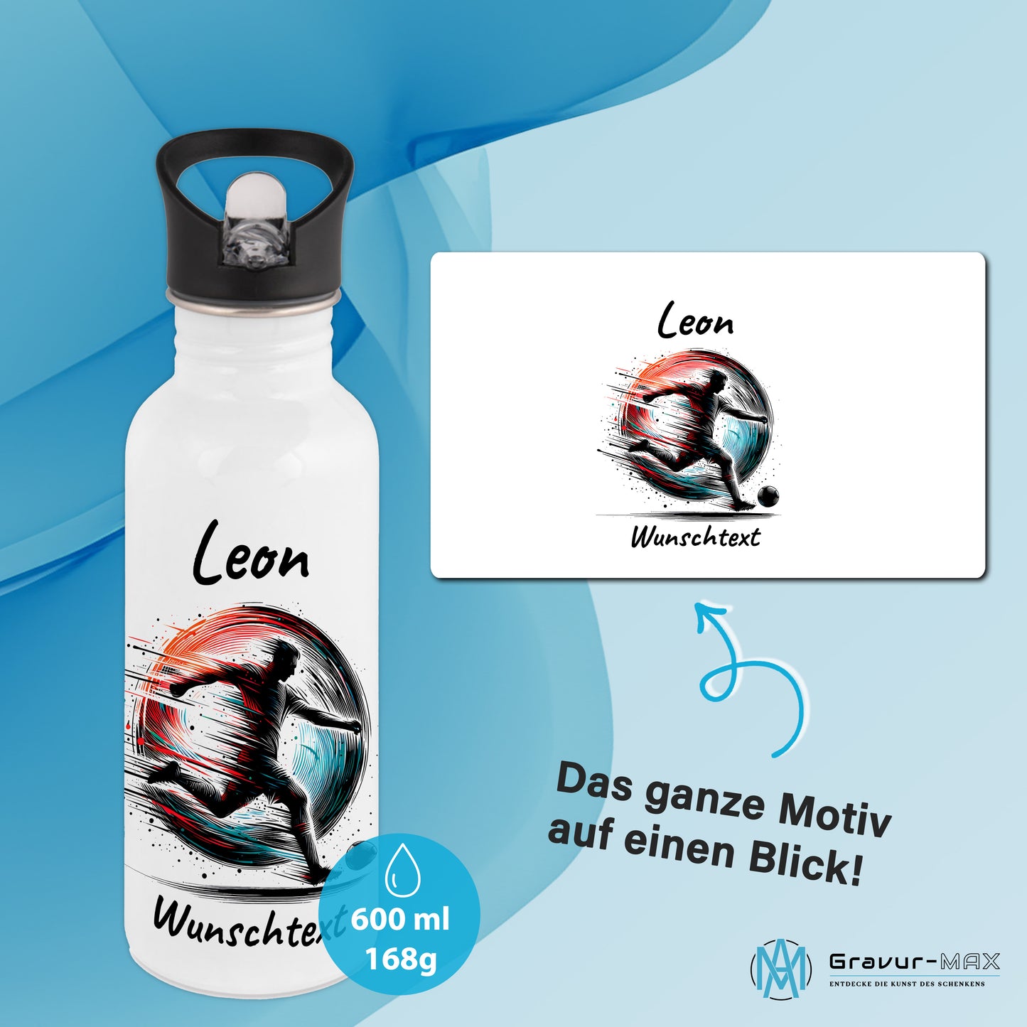 Trinkflasche mit Strohhalm in Weiß 600ml bedruckt mit Fußball Motiven"Motiv3" personalisierbar für Kinder mit Wunschname aus Edelstahl