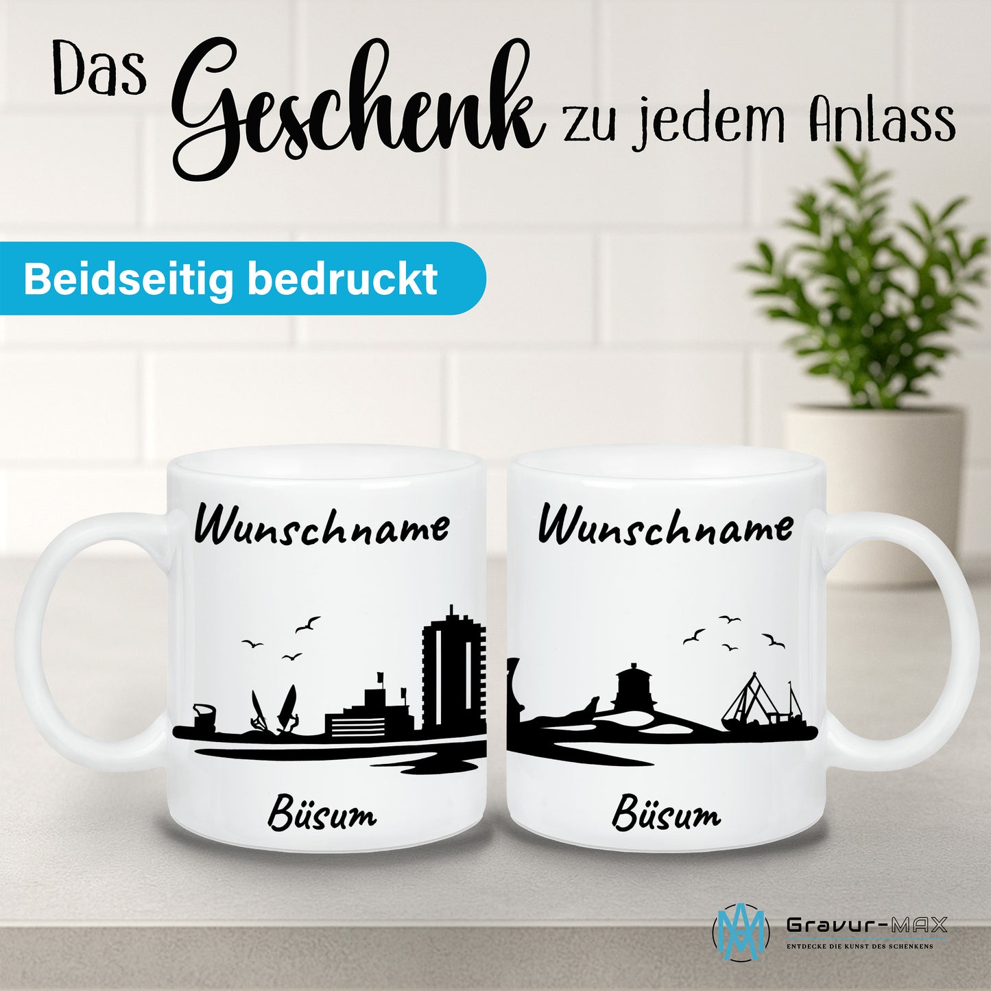 Tasse in Weiß 330ml bedruckt mit der Skyline von Büsum personalisierbar mit Wunschname