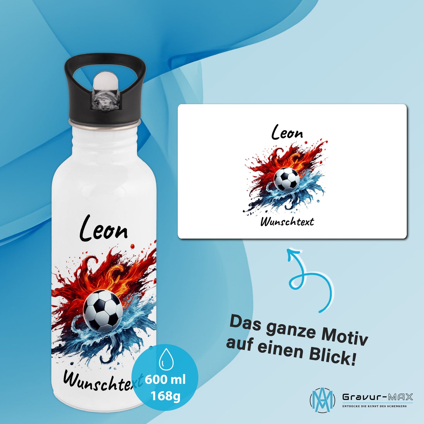 Trinkflasche mit Strohhalm in Weiß 600ml bedruckt mit Fußball Motiven"Motiv12" personalisierbar für Kinder mit Wunschname aus Edelstahl