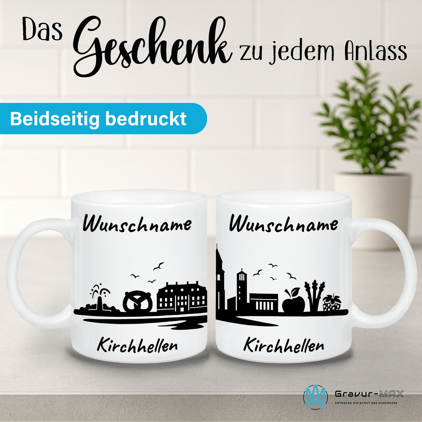 Tasse in Weiß 330ml bedruckt mit der Skyline von Kirchhellen personalisierbar mit Wunschname