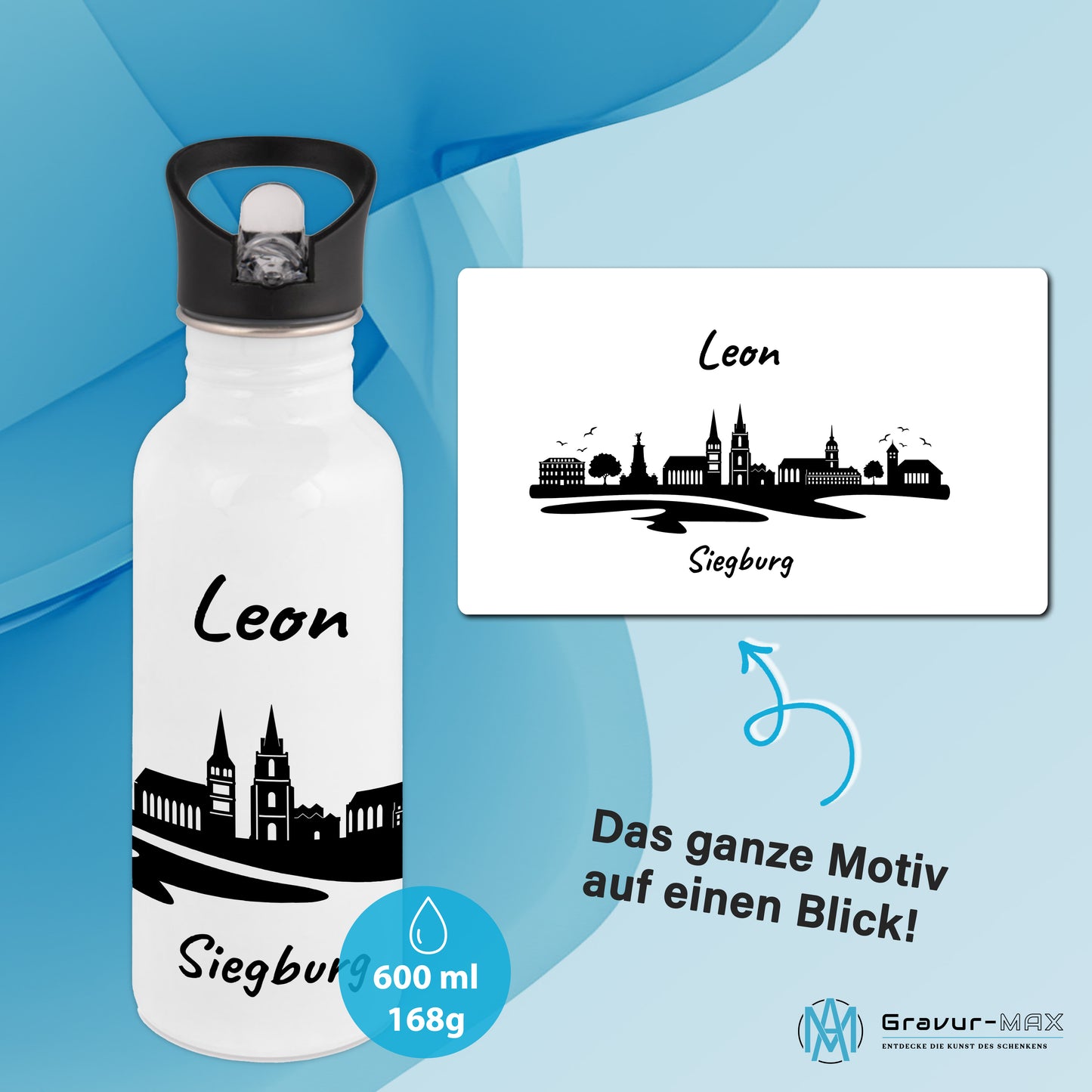 Trinkflasche in Weiß 600ml aus Edelstahl bedruckt mit der Skyline von Siegburg personalisierbar mit Wunschname
