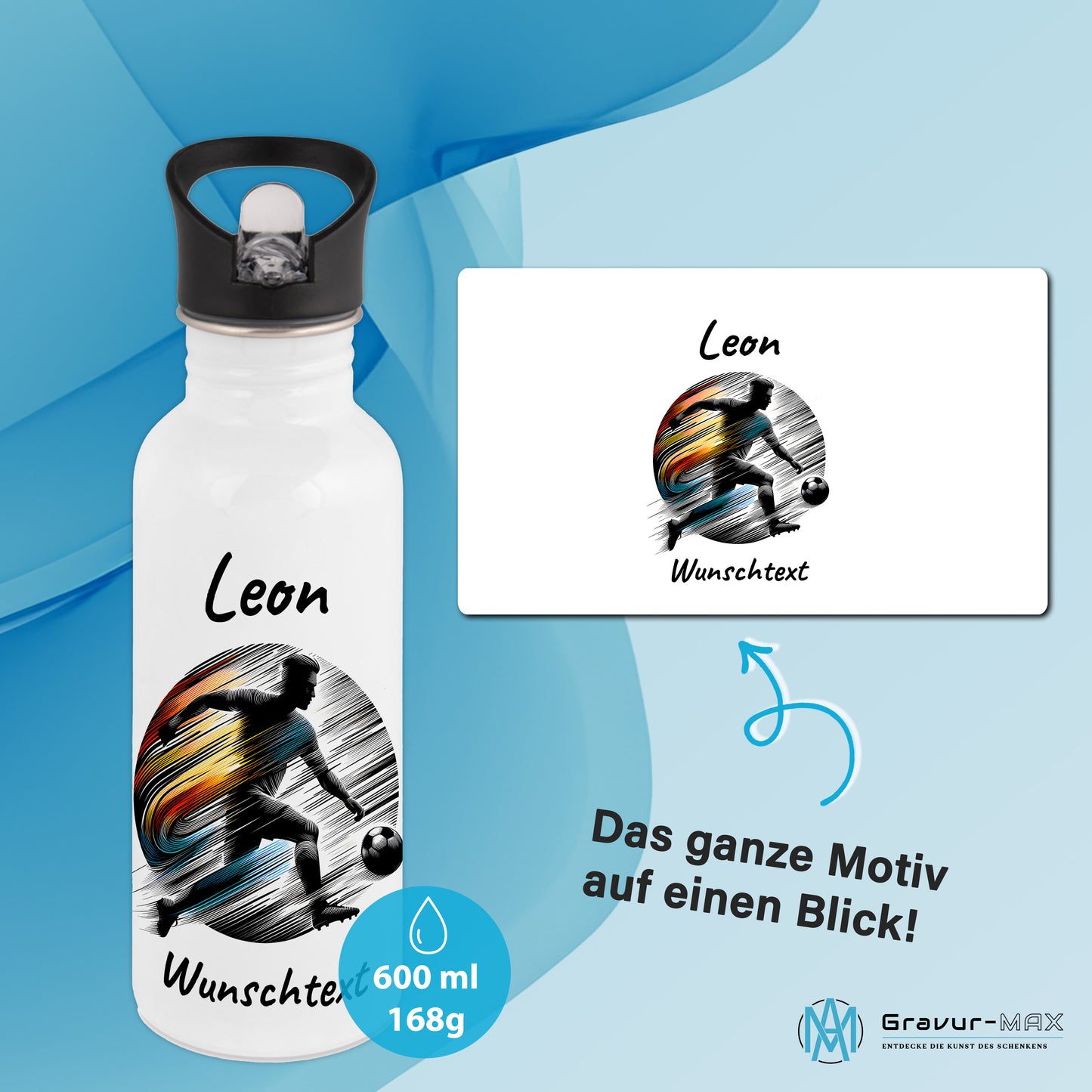 Trinkflasche mit Strohhalm in Weiß 600ml bedruckt mit Fußball Motiven"Motiv2" personalisierbar für Kinder mit Wunschname aus Edelstahl