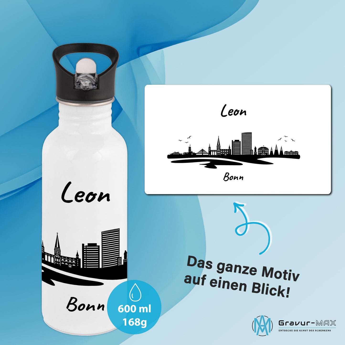 Trinkflasche in Weiß 600ml aus Edelstahl bedruckt mit der Skyline von Bonn personalisierbar mit Wunschname