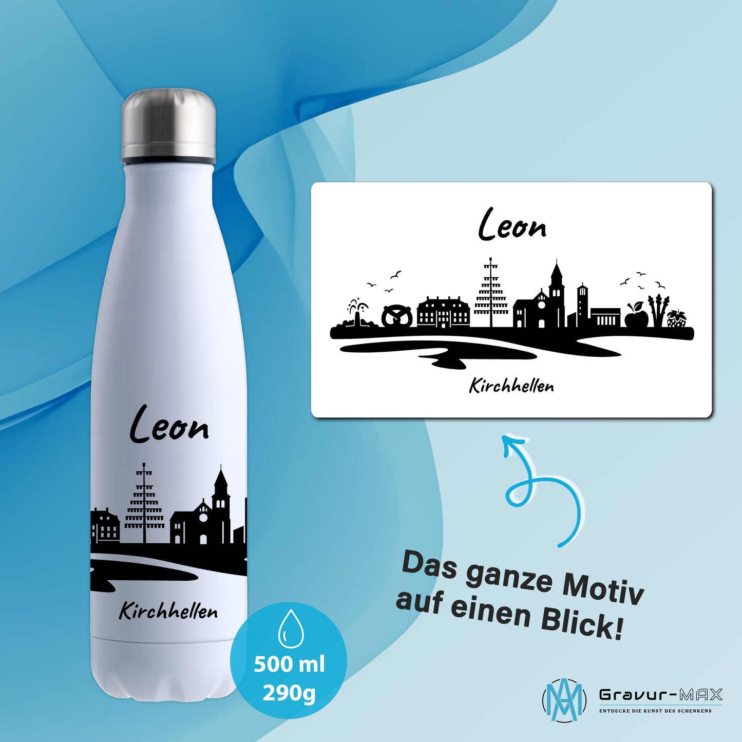 Trinkflasche in Weiß 500ml aus Edelstahl bedruckt mit der Skyline von Kirchhellen personalisierbar mit Wunschname