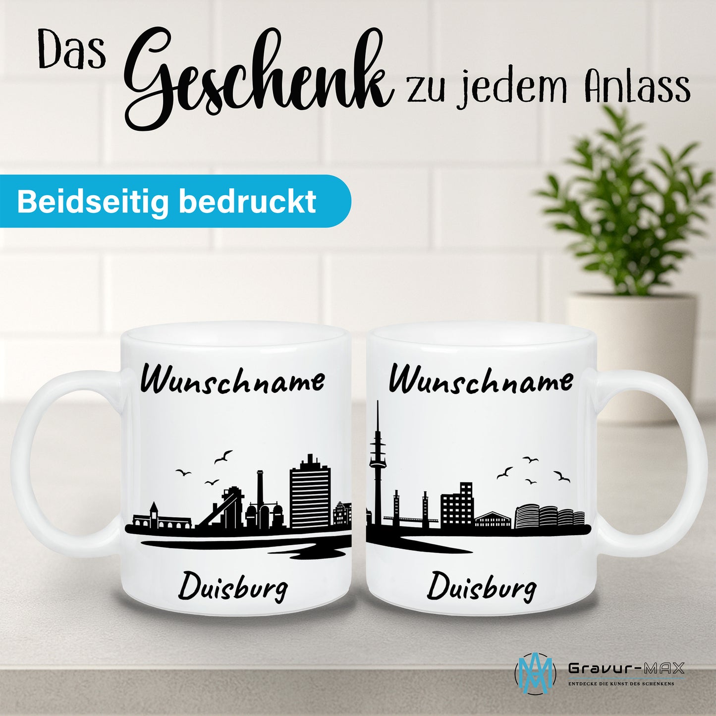Tasse in Weiß 330ml bedruckt mit der Skyline von Duisburg personalisierbar mit Wunschname