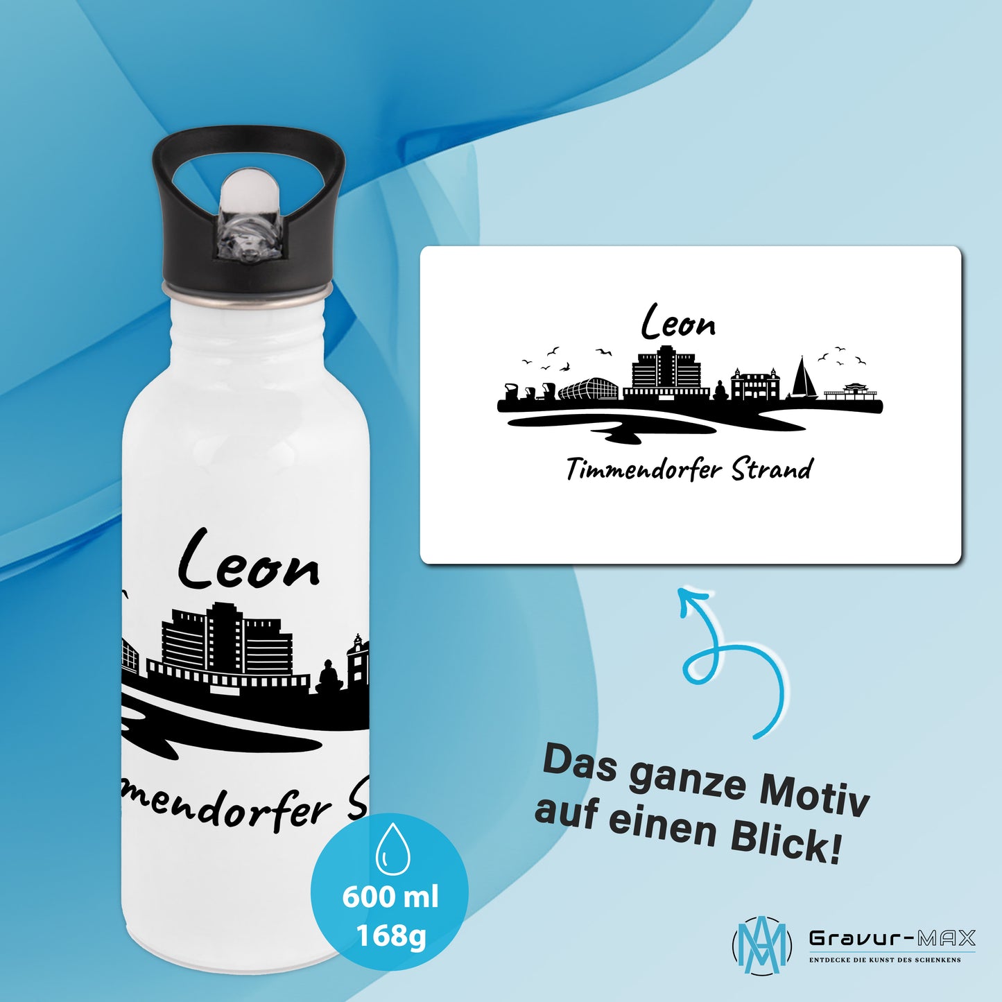 Trinkflasche in Weiß 600ml aus Edelstahl bedruckt mit der Skyline von Timmendorfer Strand personalisierbar mit Wunschname
