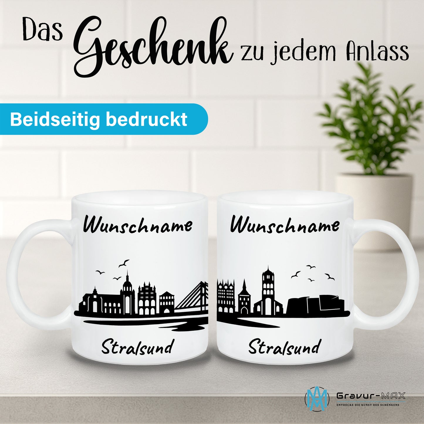 Tasse in Weiß 330ml bedruckt mit der Skyline von Stralsund personalisierbar mit Wunschname
