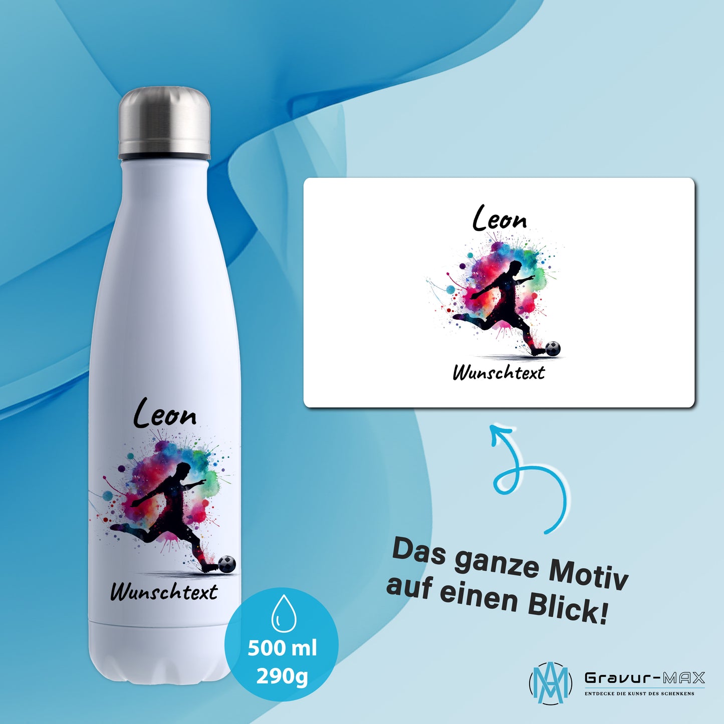 Thermoflasche 500ml in Weiß aus Edelstahl bedruckt "Fußball" Motiv4 personalisierbar mit Wunschname & Text