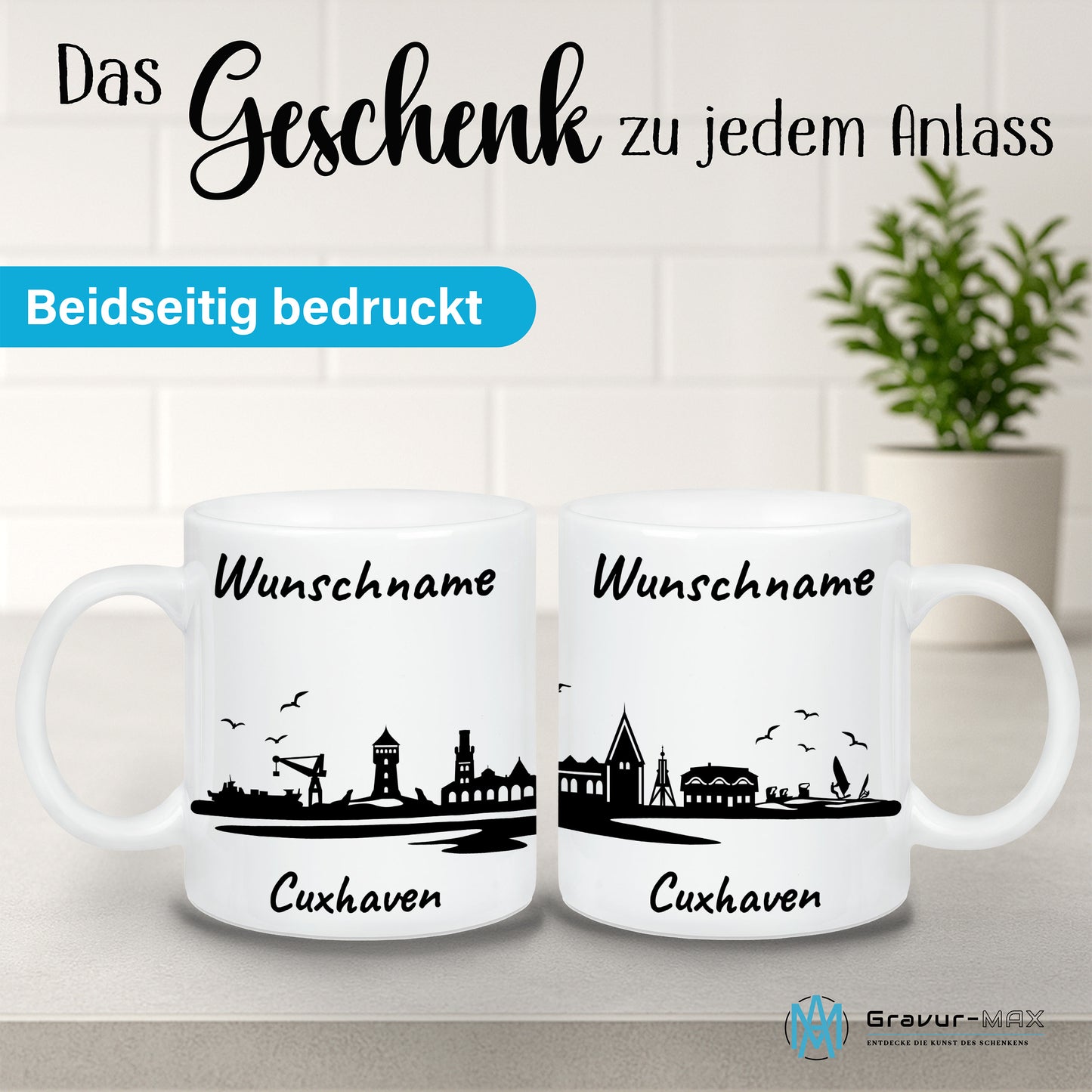 Tasse in Weiß 330ml bedruckt mit der Skyline von Cuxhaven personalisierbar mit Wunschname